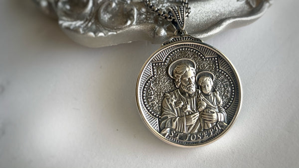 St.Joseph Holding Jesus on front side, 3 Hearts of Jesus, Mary, and Joseph 