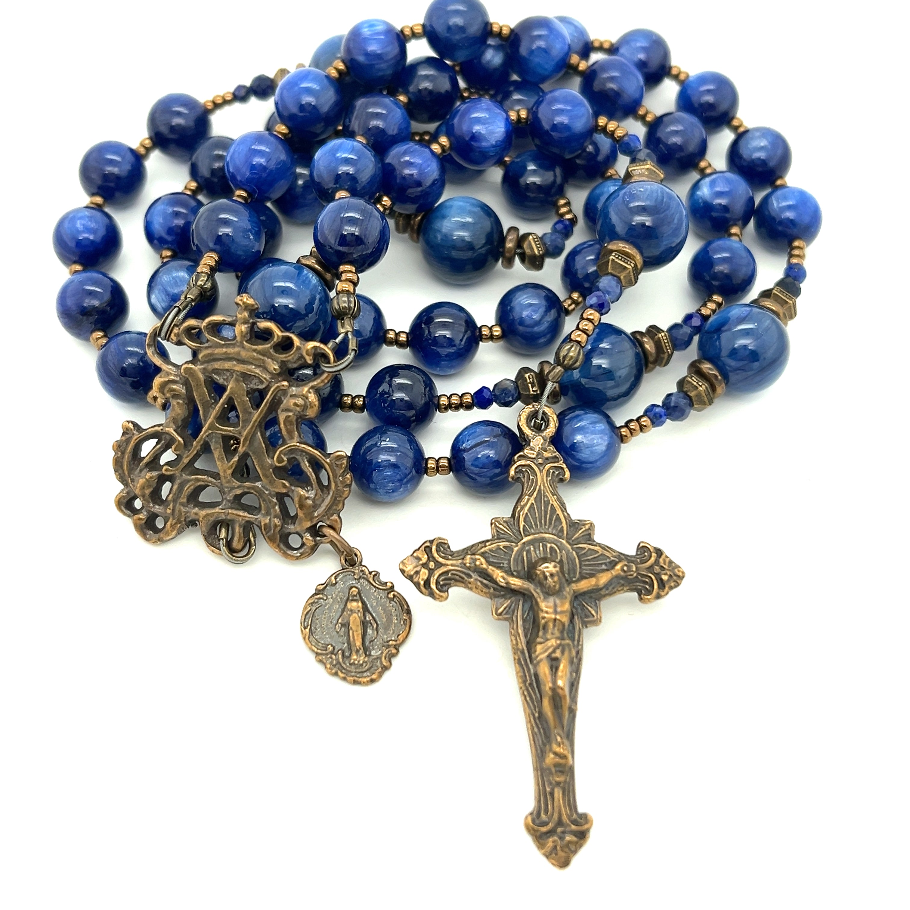 Rosary - Blue Kyanite and Bronze Auspice Maria and Miraculous Medal
