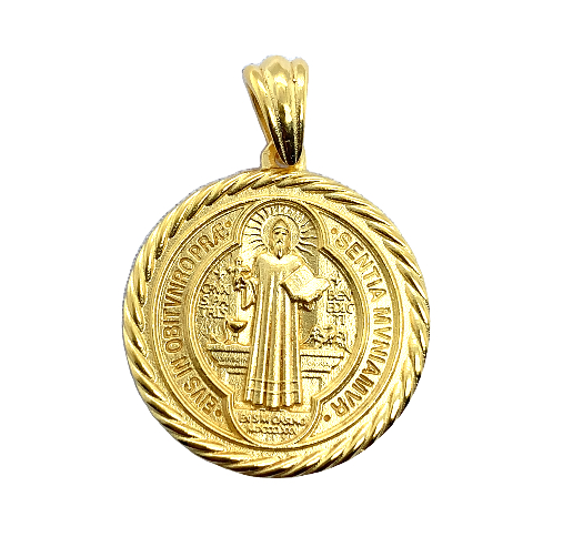 St Benedict Pendant with Rope Border in 14k Gold Vermeil, 14k Gold, or 18k Gold, 25mm