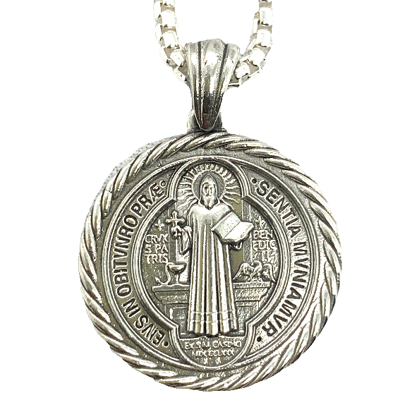 Saint Benedict Medallion Necklace - Silver - Double-Sided