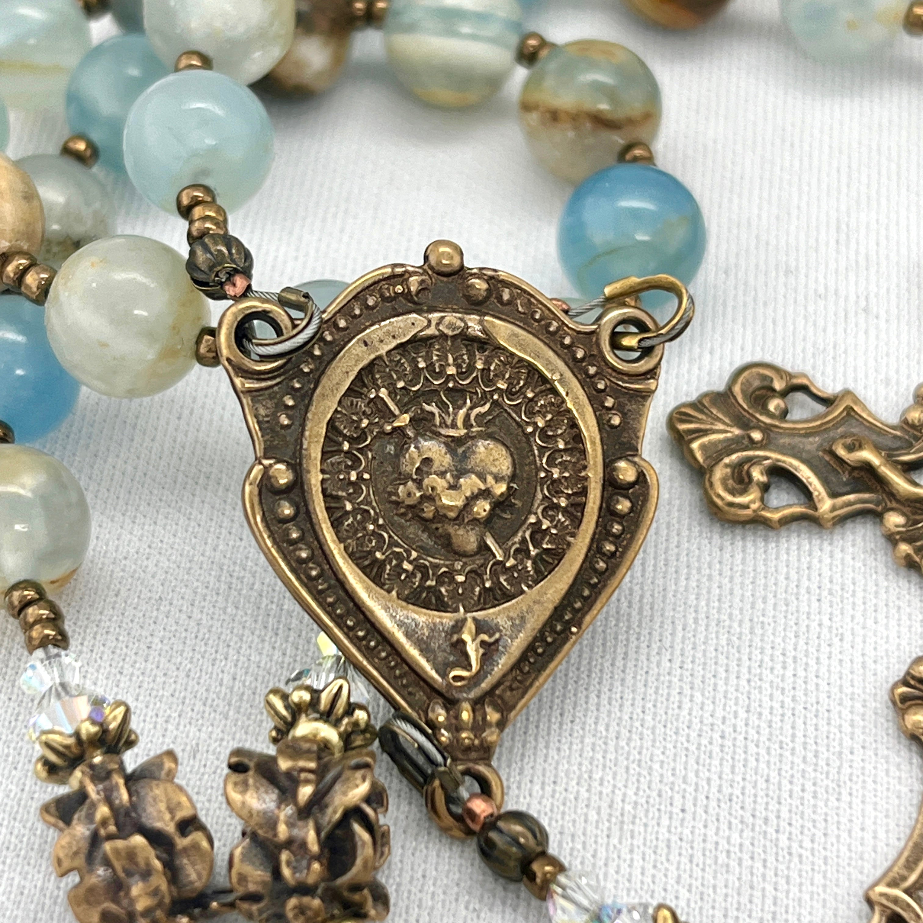 Argentina Blue Aquatine and Bronze Rosary,
Mary Immaculate, Fleur Scrolls Crucifix