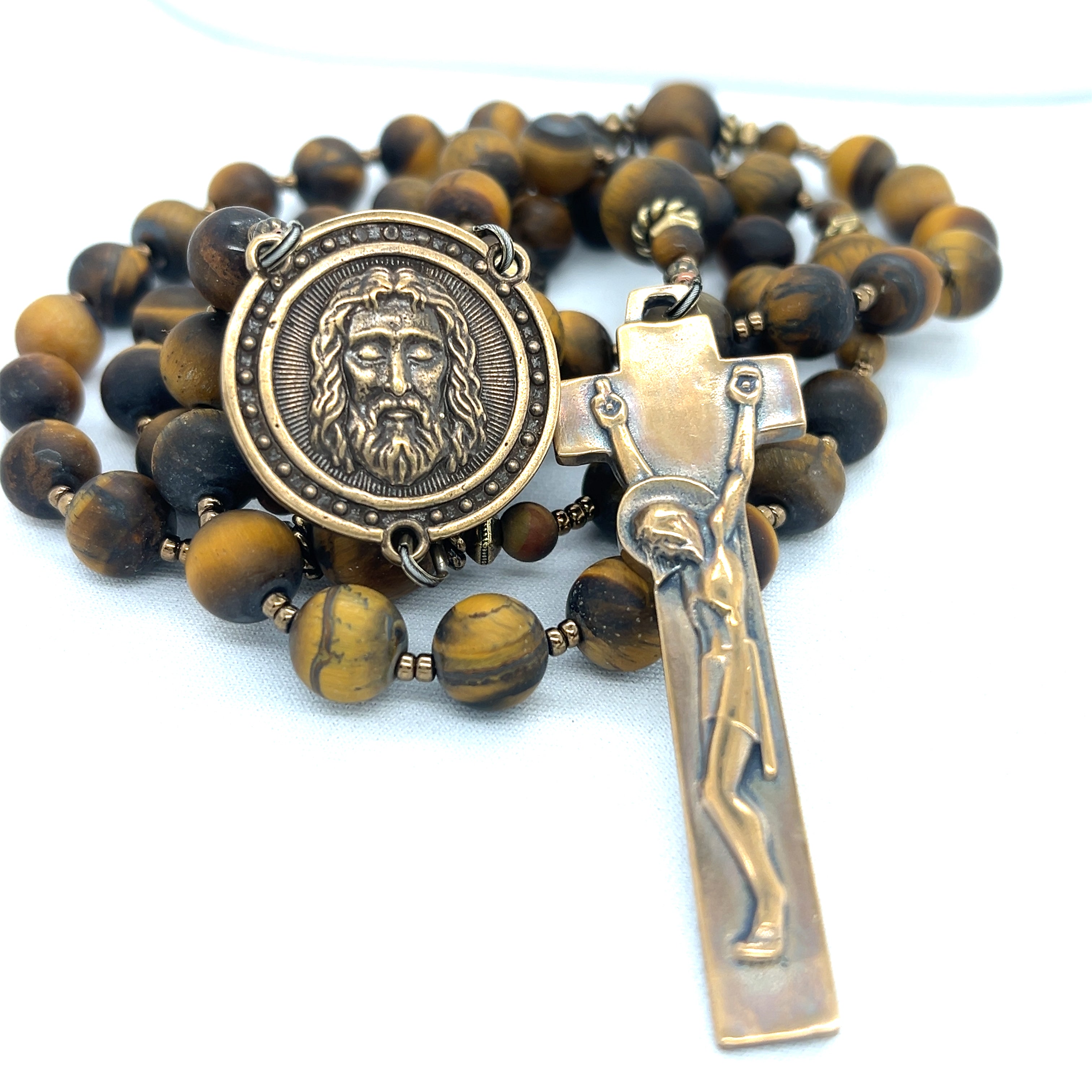 Matt Tiger Eye and Bronze Holy Face, Penal -Era Crucifix
