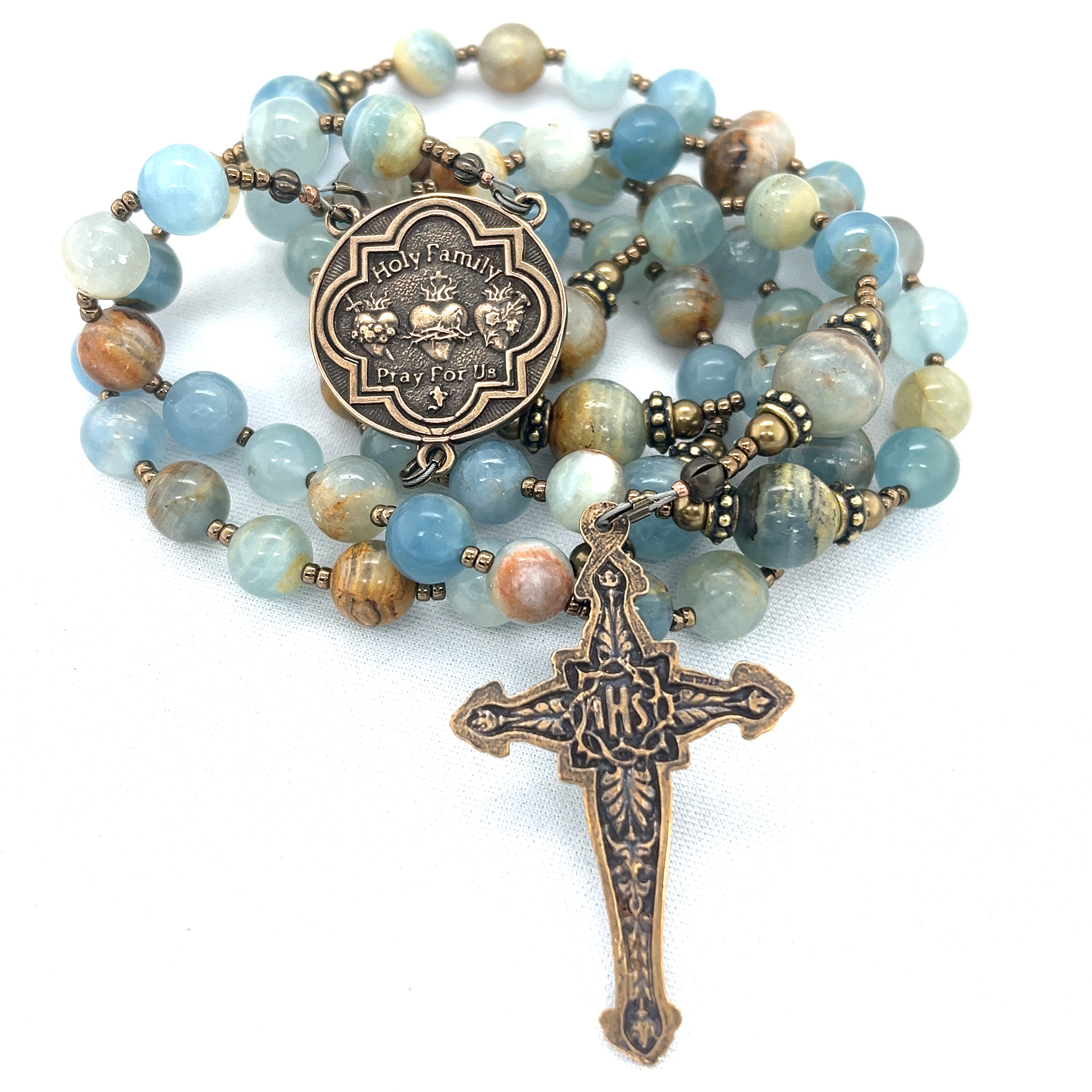 Argentina Blue Aquatine and Bronze Rosary,
St. Joseph 3 Hearts Center, IHS Crucifix