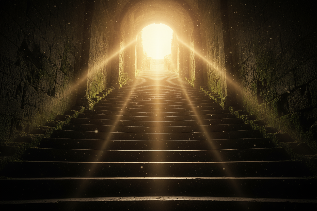 A stone staircase leading up to the sunlight outside