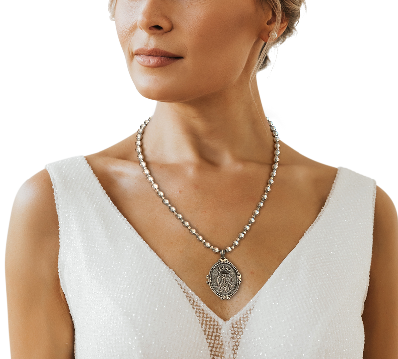 French Auspice Maria and Lourdes Reversible Pendant in Sterling Silver on Swarovski Pearls, 33mm