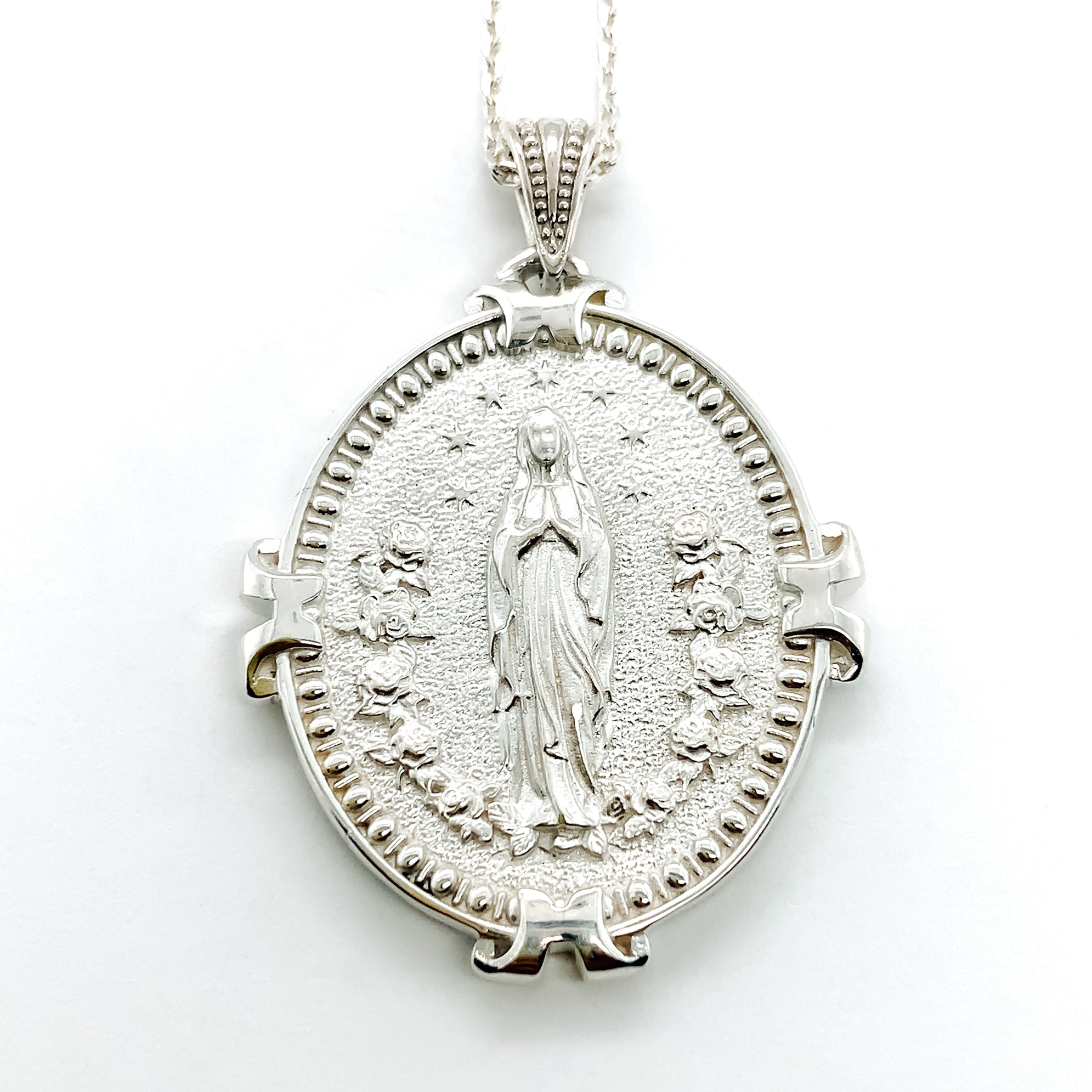 French Auspice Maria and Lourdes Reversible Pendant in Sterling Silver, 23mm