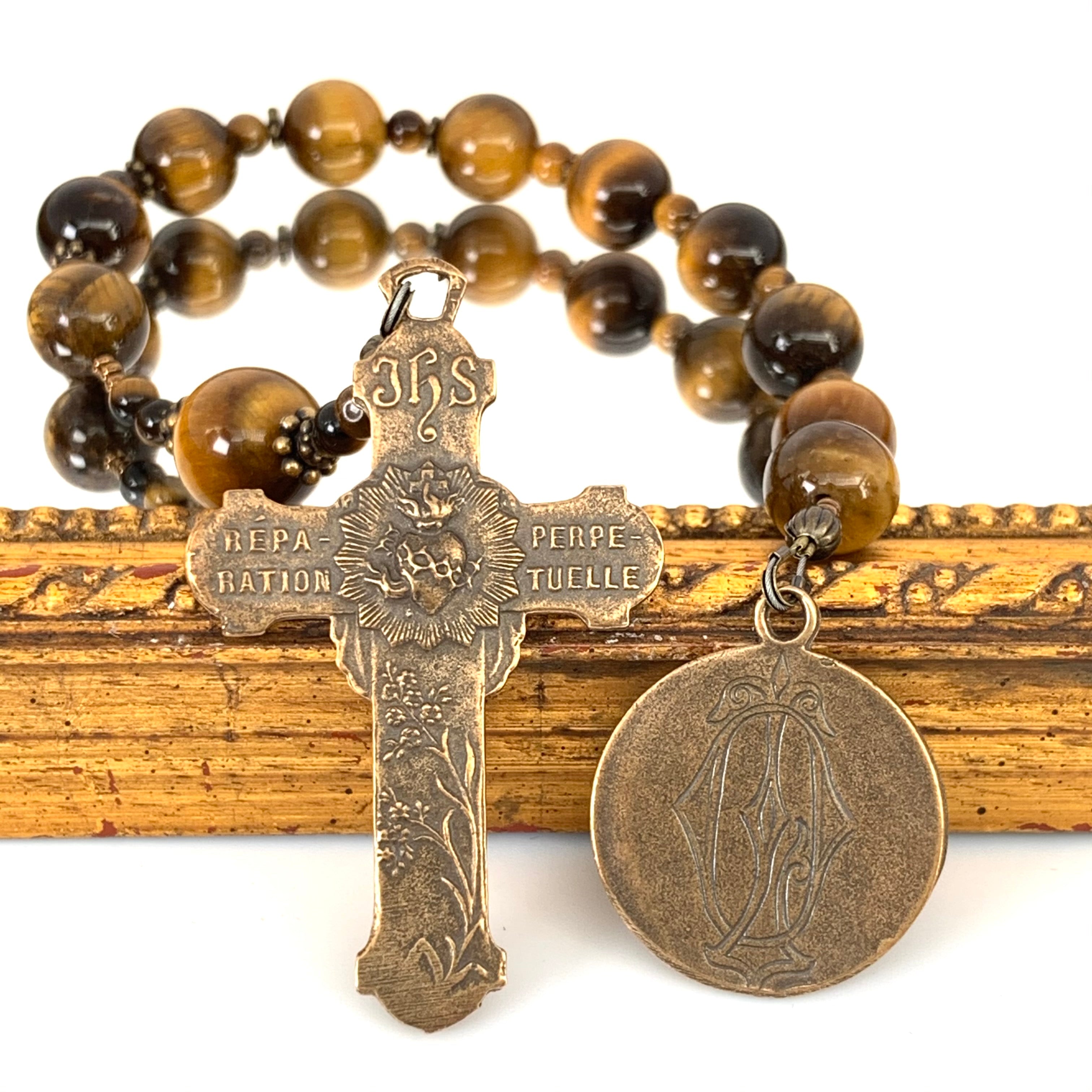 Tiger Eye and Bronze St. Joseph and Holy Face Cross Single Decade Rosary
