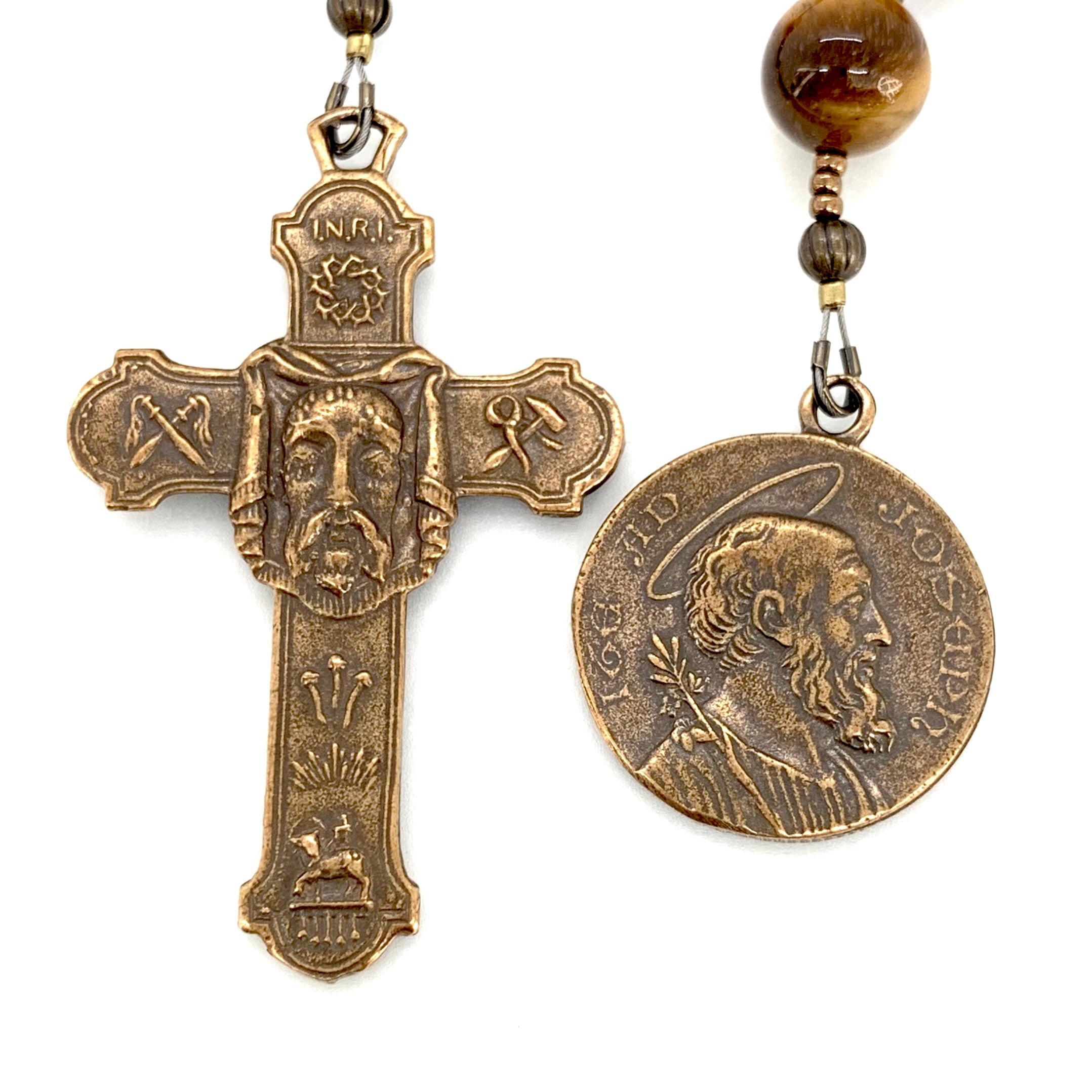 Tiger Eye and Bronze St. Joseph and Holy Face Cross Single Decade Rosary