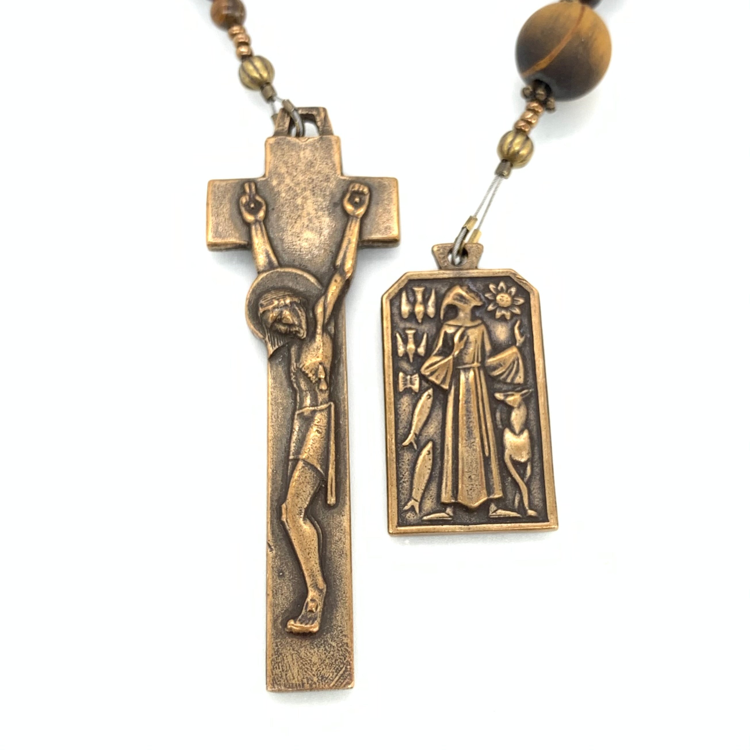 Tiger Eye (Natural) and Bronze St. Francis and Penal Crucifix Single Decade Rosary