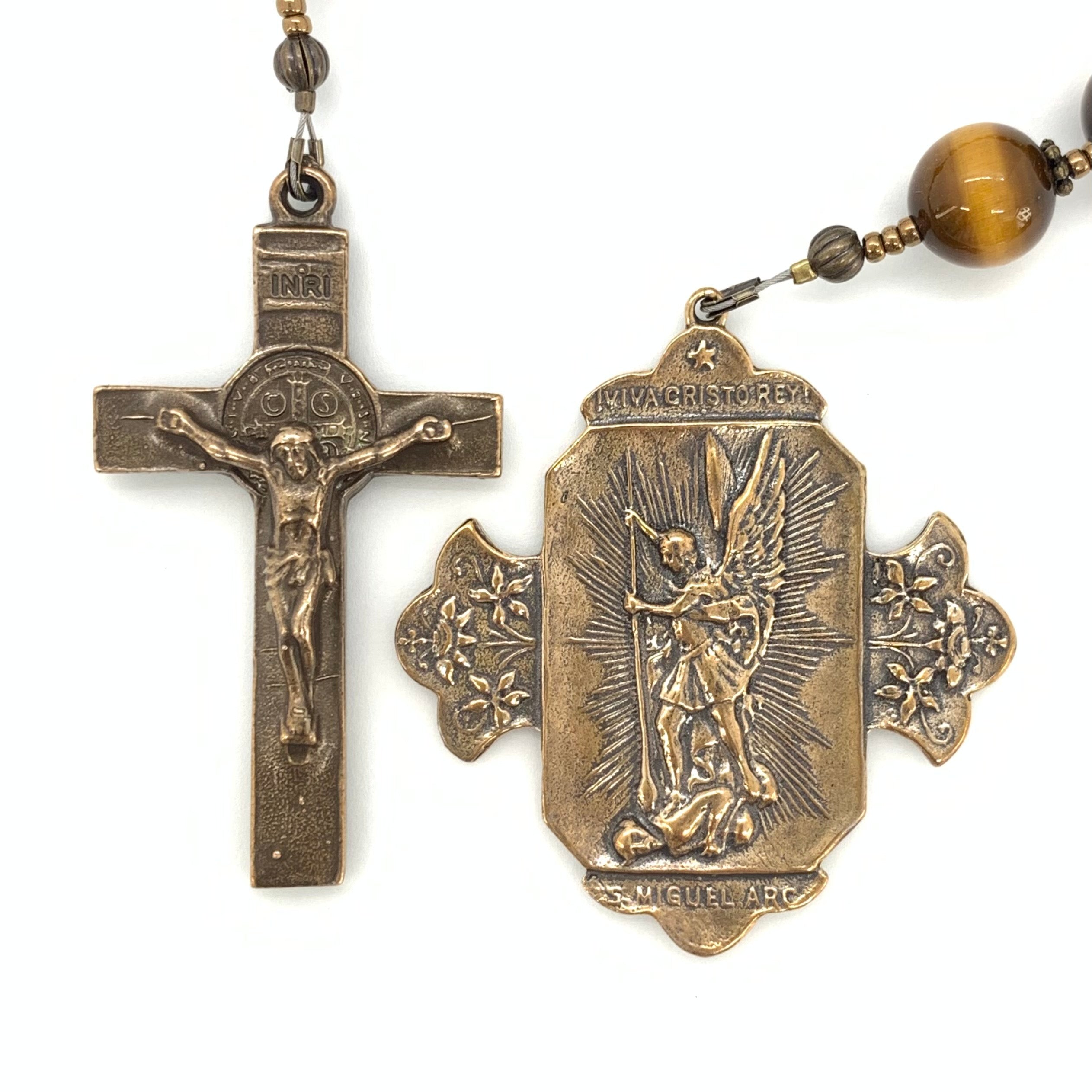 Single Decade Rosary - Golden Brown Tigereye and Bronze Large Sts. Michael and Benedict