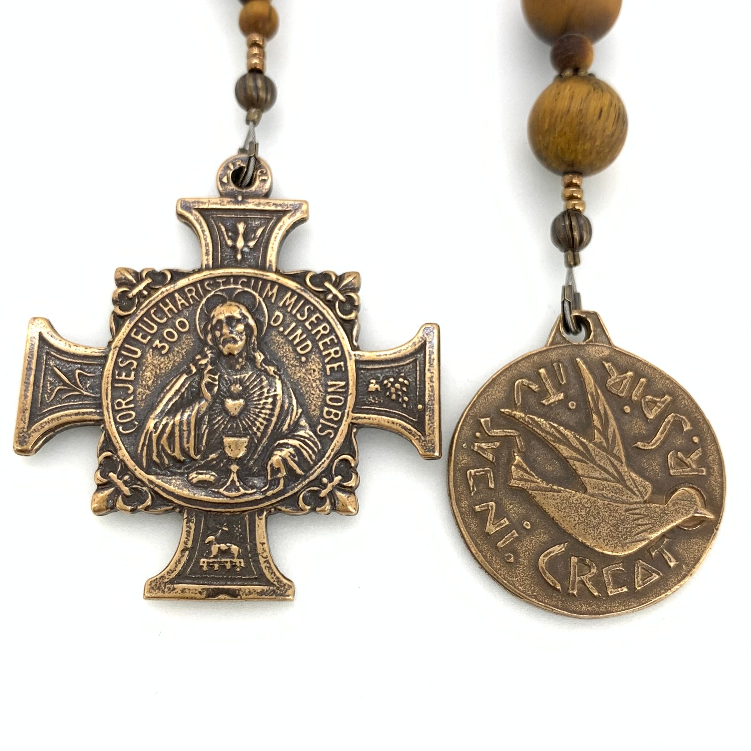 Tiger Eye and Bronze Sacred Heart and Holy Spirit Single Decade Rosary
