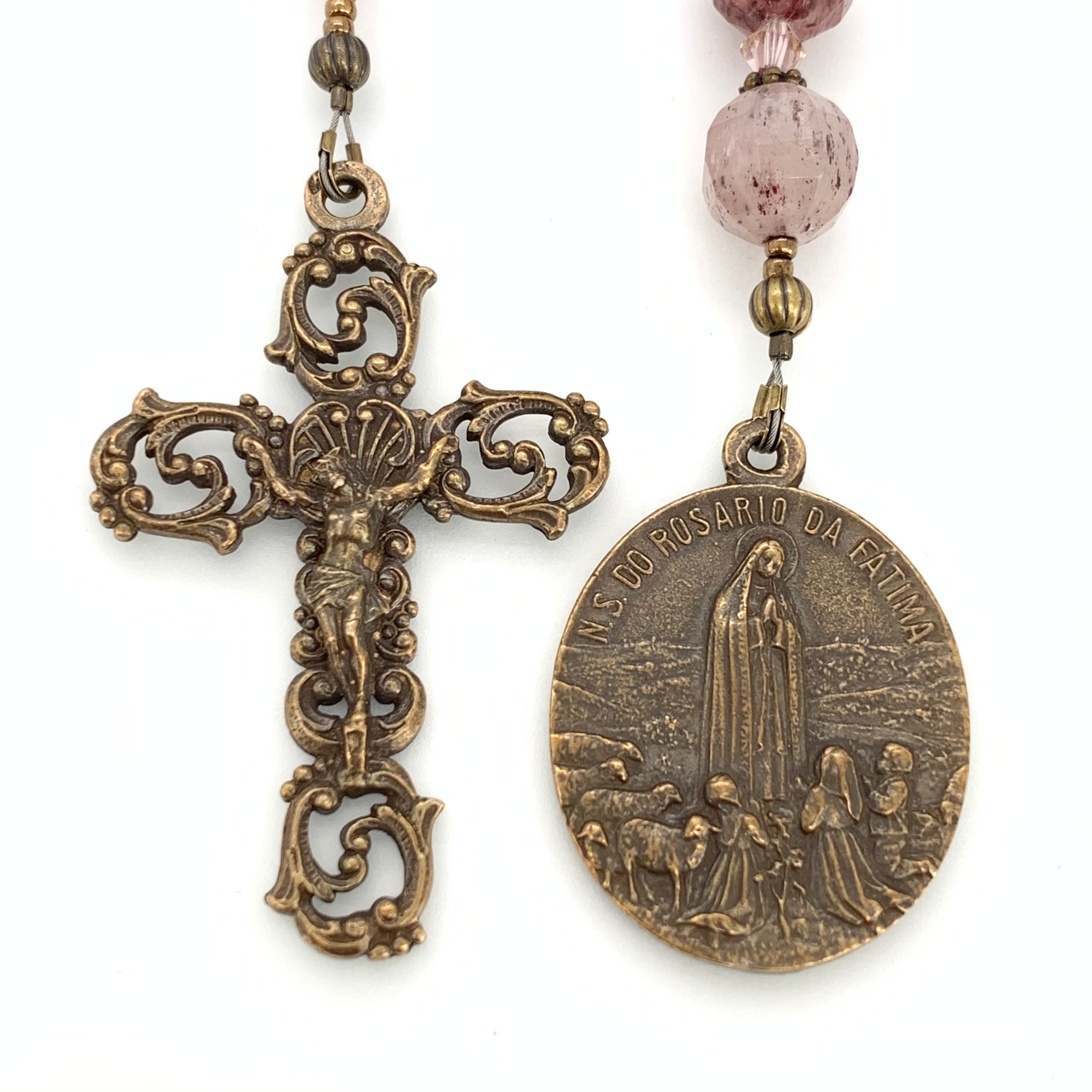 Strawberry Quartz and Bronze, Fatima Single Decade Rosary