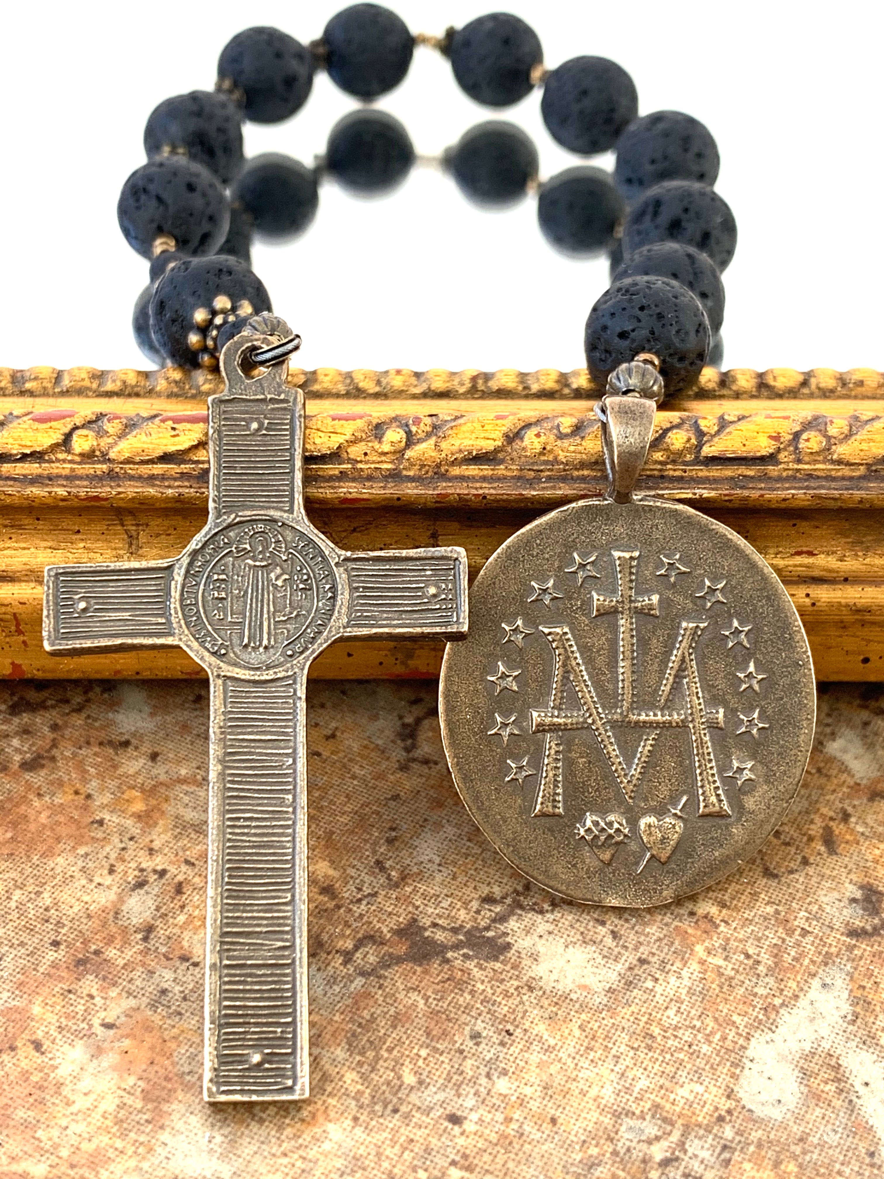 Lava Rock and Bronze Miraculous Medal and St. Benedict Single Decade Rosary