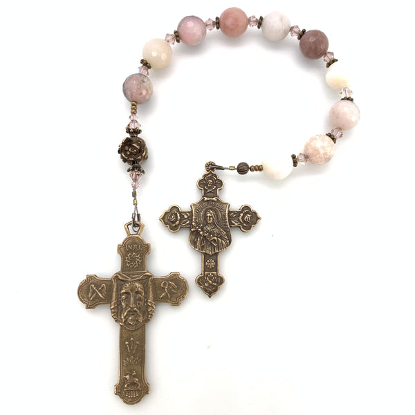 Decade with holy face cross, St Therese cross, bronze rose bead and pink opal gemstone rosary beads.