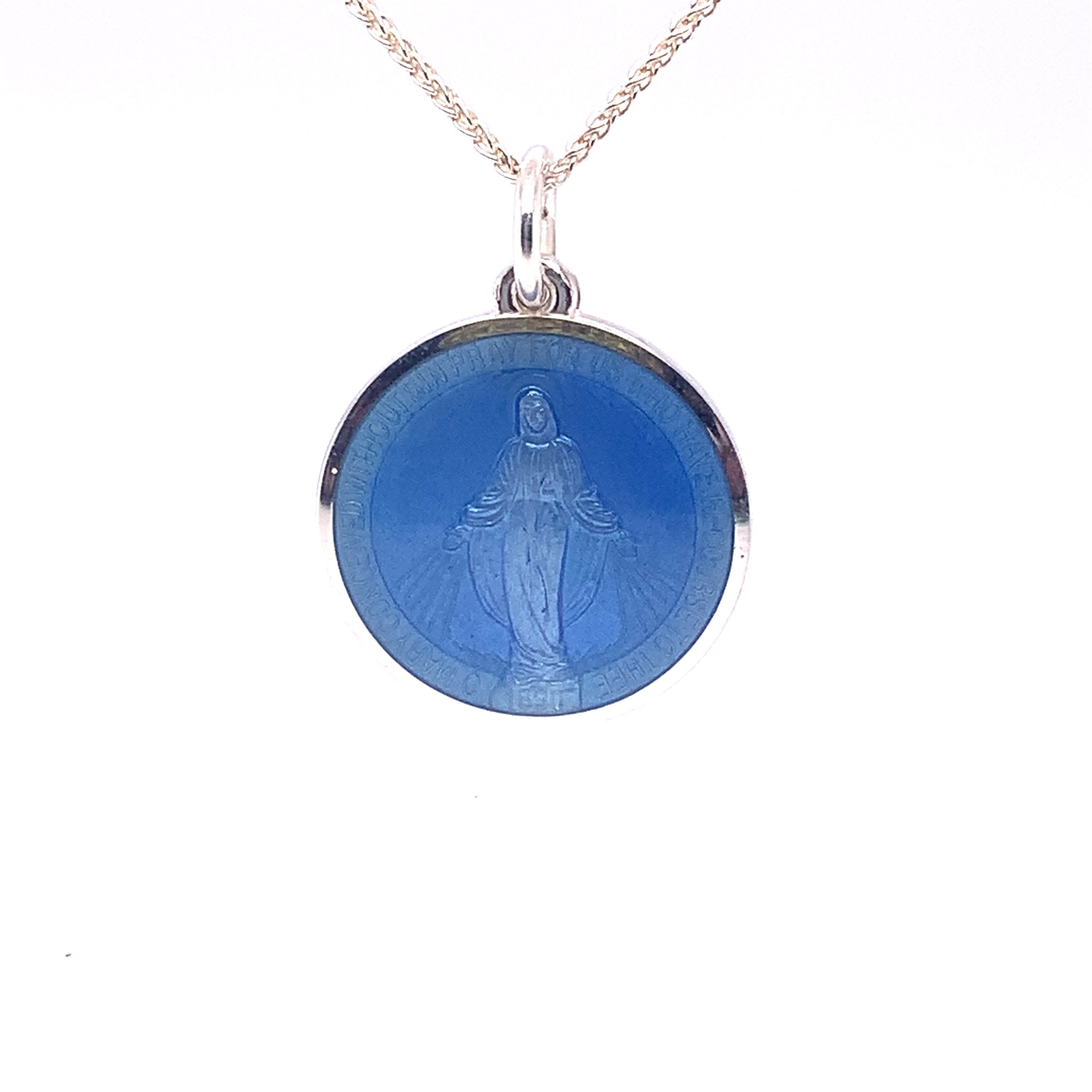 Vintage French Blue Miraculous Medal pendant necklace in silver on chain