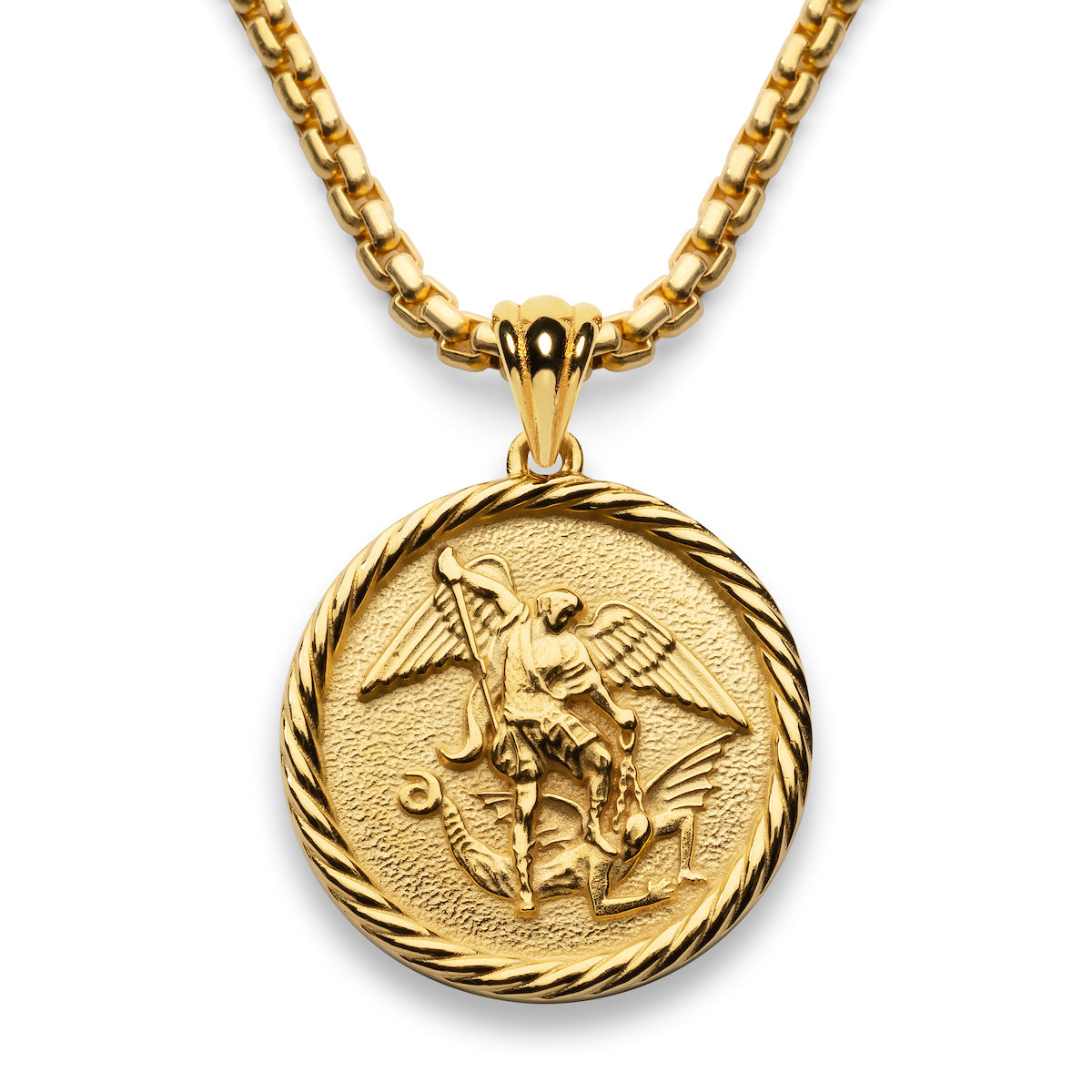 Gold Necklace pendant hanging from a gold chain showing St Michael with his sword poised and his foot holding a demon down. The pendant has a rope like boder around the edge.