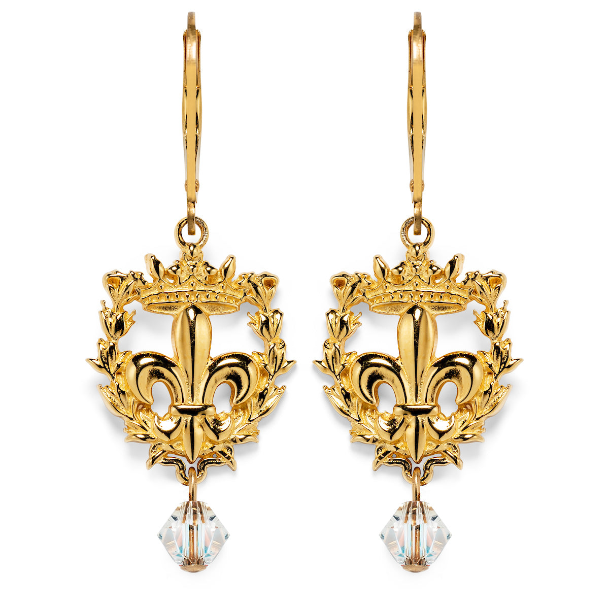 Gold earrings with a fleur de lis surrounded by a crest and topped with a crown. A crystal at the bottom and lever backs at the top.