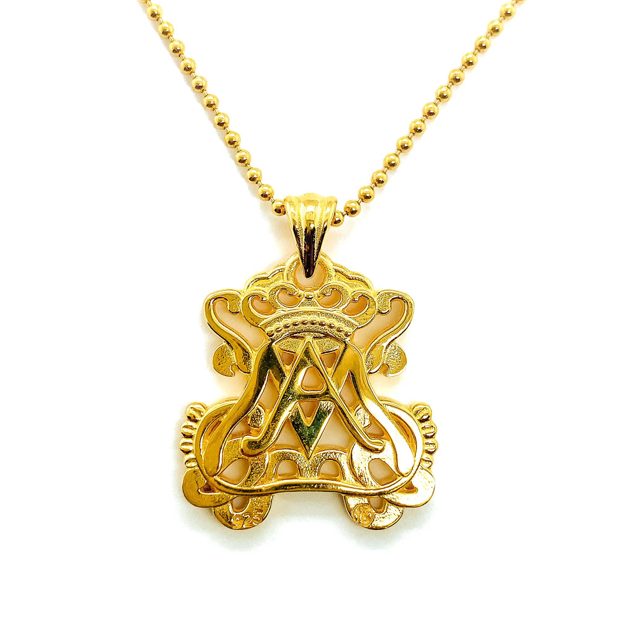 Gold pendant on a gold bead chain showing an intertwined A and M. Sometimes referred to as the Ave Maria symbol. This pendant also has a crown over the A and the M reflecting Mary's place as Queen of Heaven.