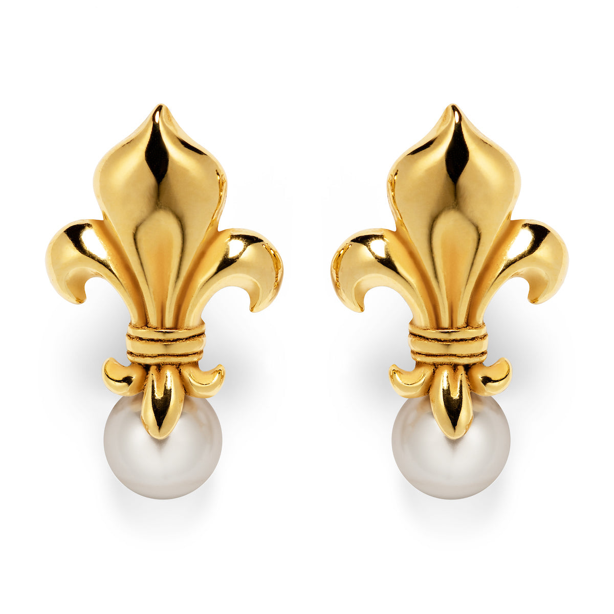 Gold earrings in the shape of a Fleur de Lis with a pearl at the bottom