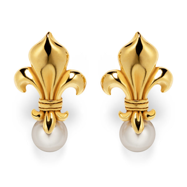 Gold earrings in the shape of a Fleur de Lis with a pearl at the bottom