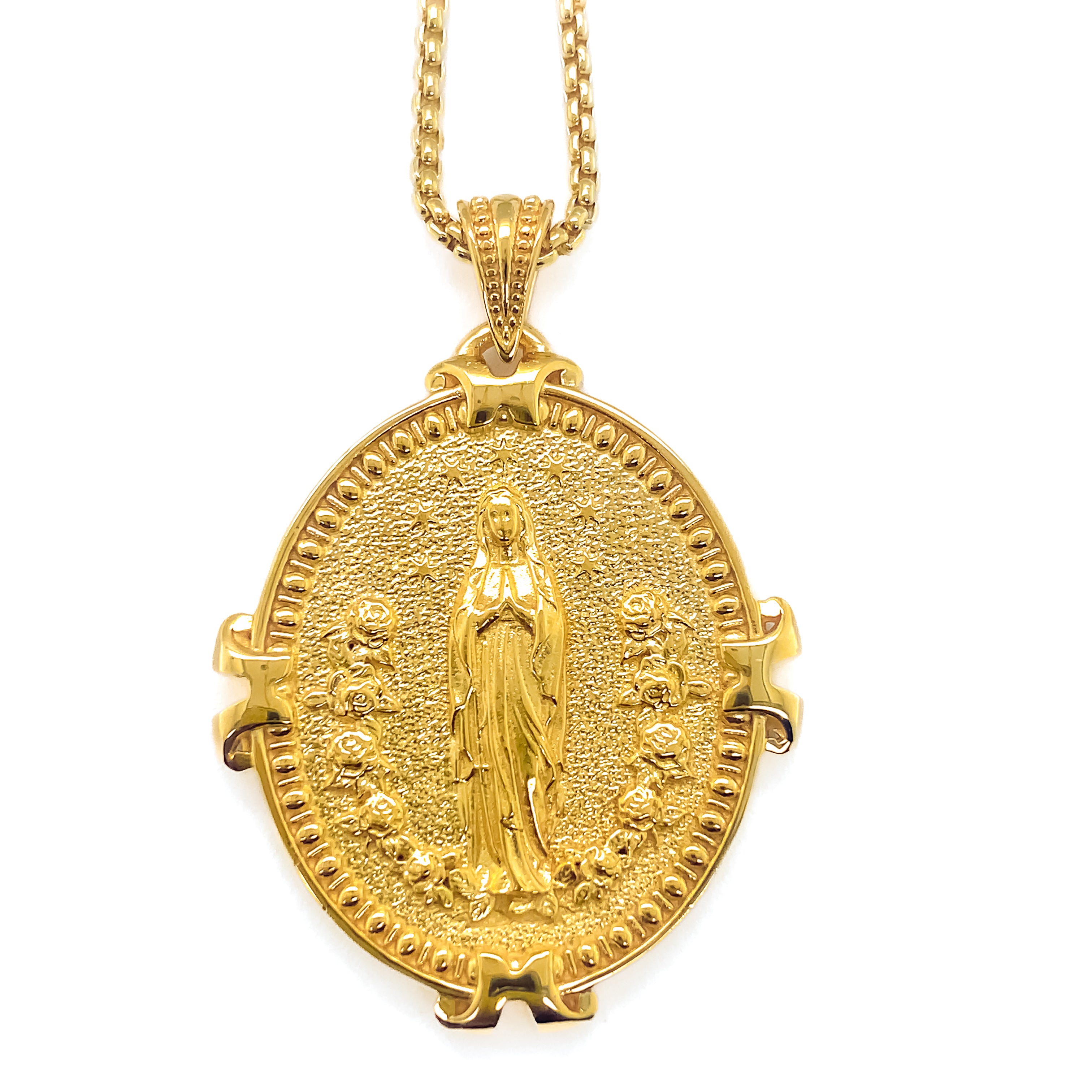 Large French Auspice Maria and Lourdes Reversible Pendant in 14k Gold Vermeil, 14k Gold, or 18k Gold, 33mm
