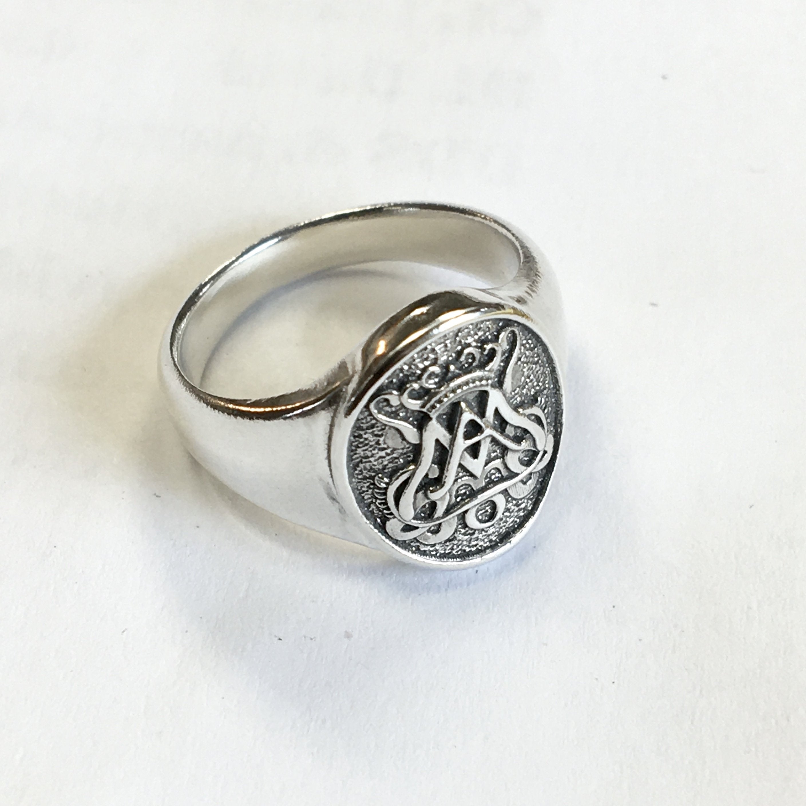 Beautiful silver signet ring with the emblem for Auspice Maria or Ave Maria