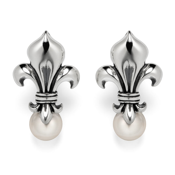Fleur de Lis earrings with a pearl at the bottom in sterling silver.