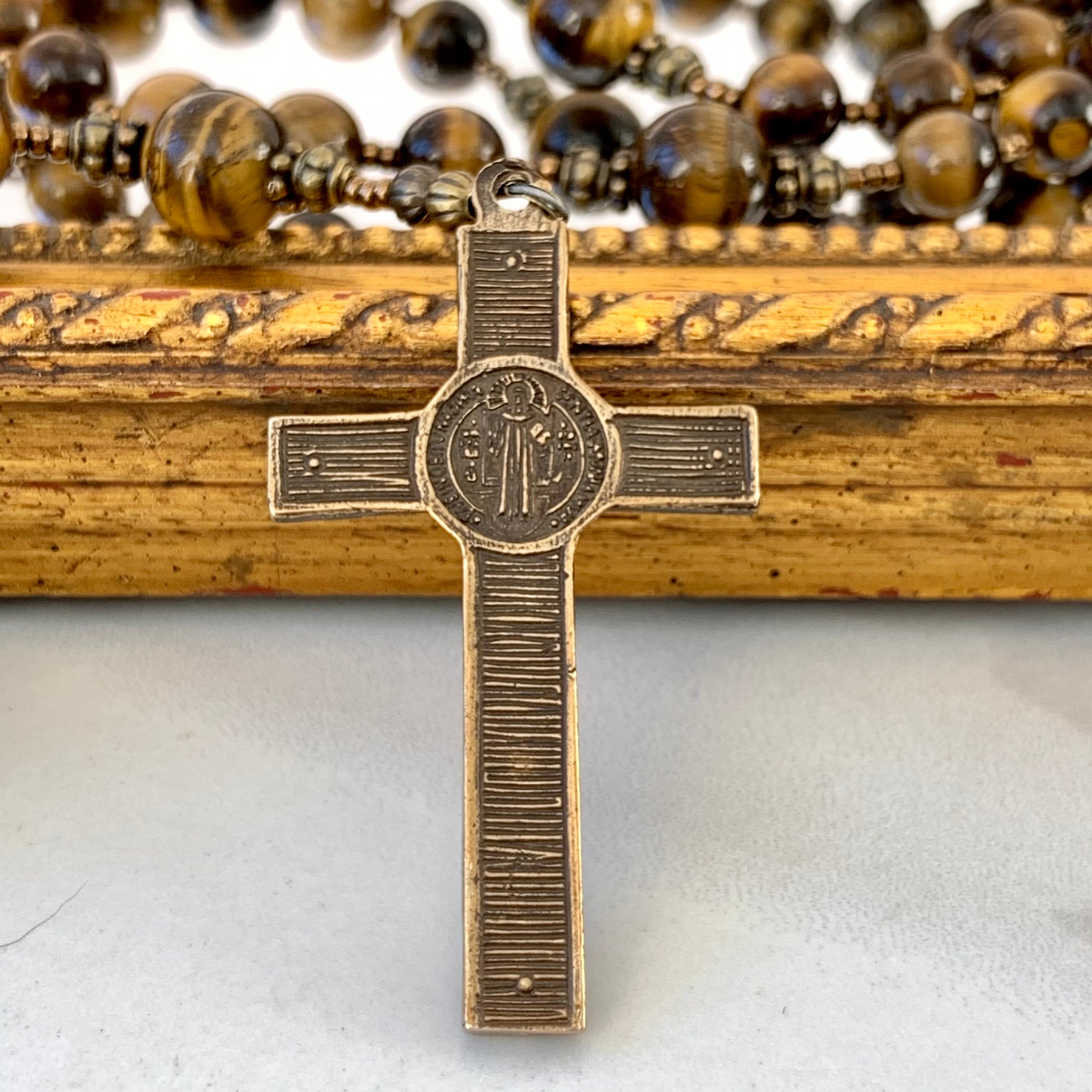 Rosary - Golden brown Tiger Eye and Bronze Auspice Maria Center and St. Benedict Crucifix