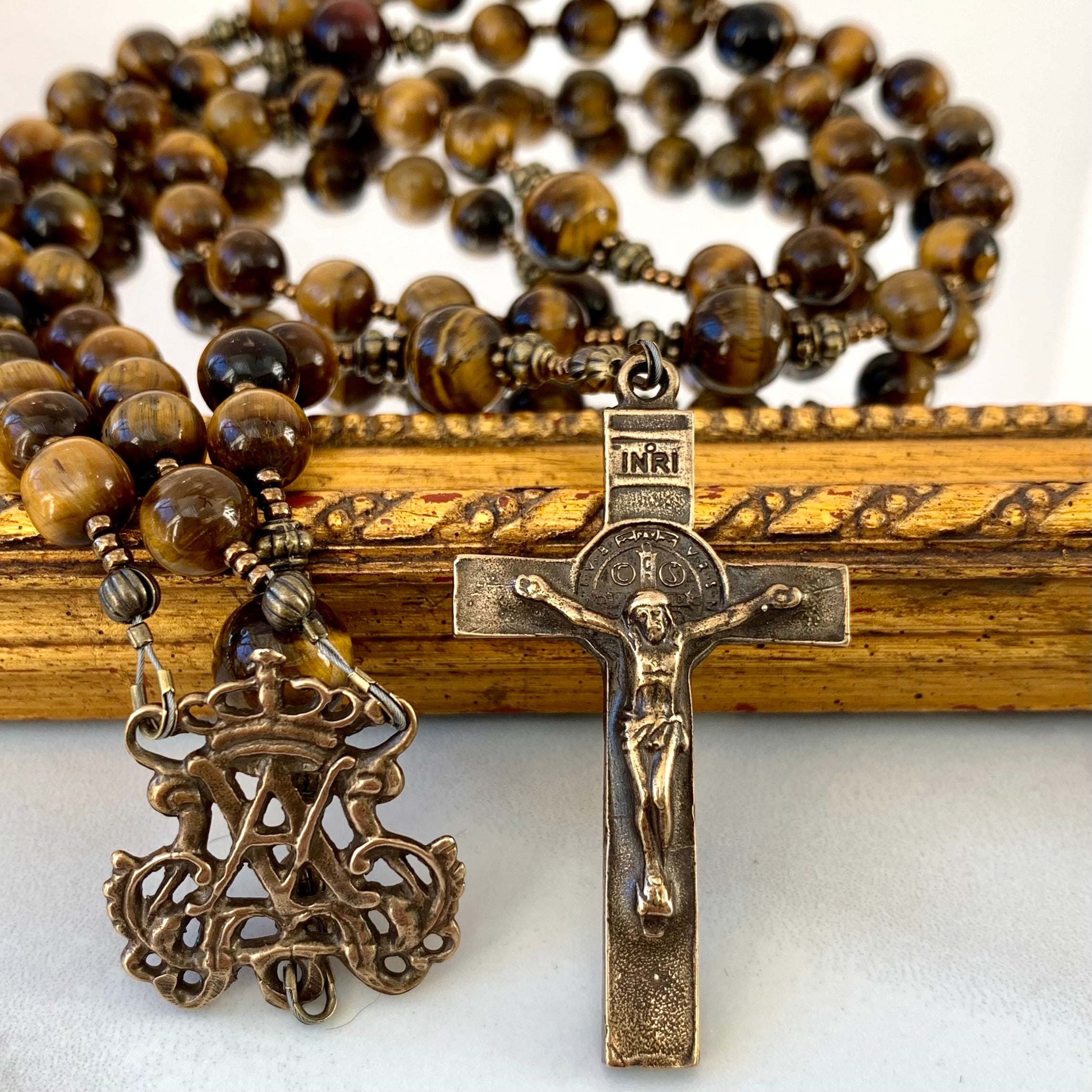 Rosary - Golden brown Tiger Eye and Bronze Auspice Maria Center and St. Benedict Crucifix