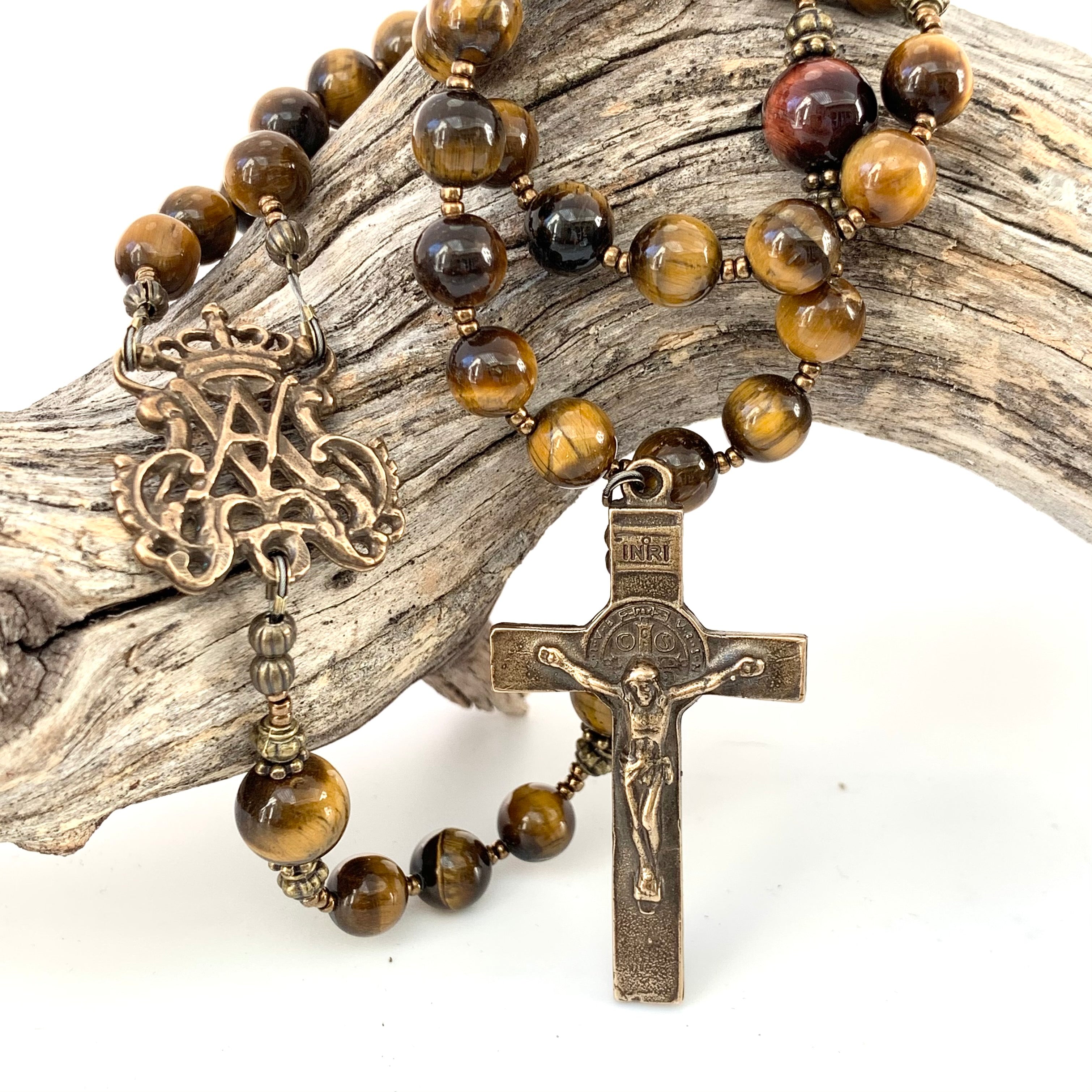 Rosary - Golden brown Tiger Eye and Bronze Auspice Maria Center and St. Benedict Crucifix