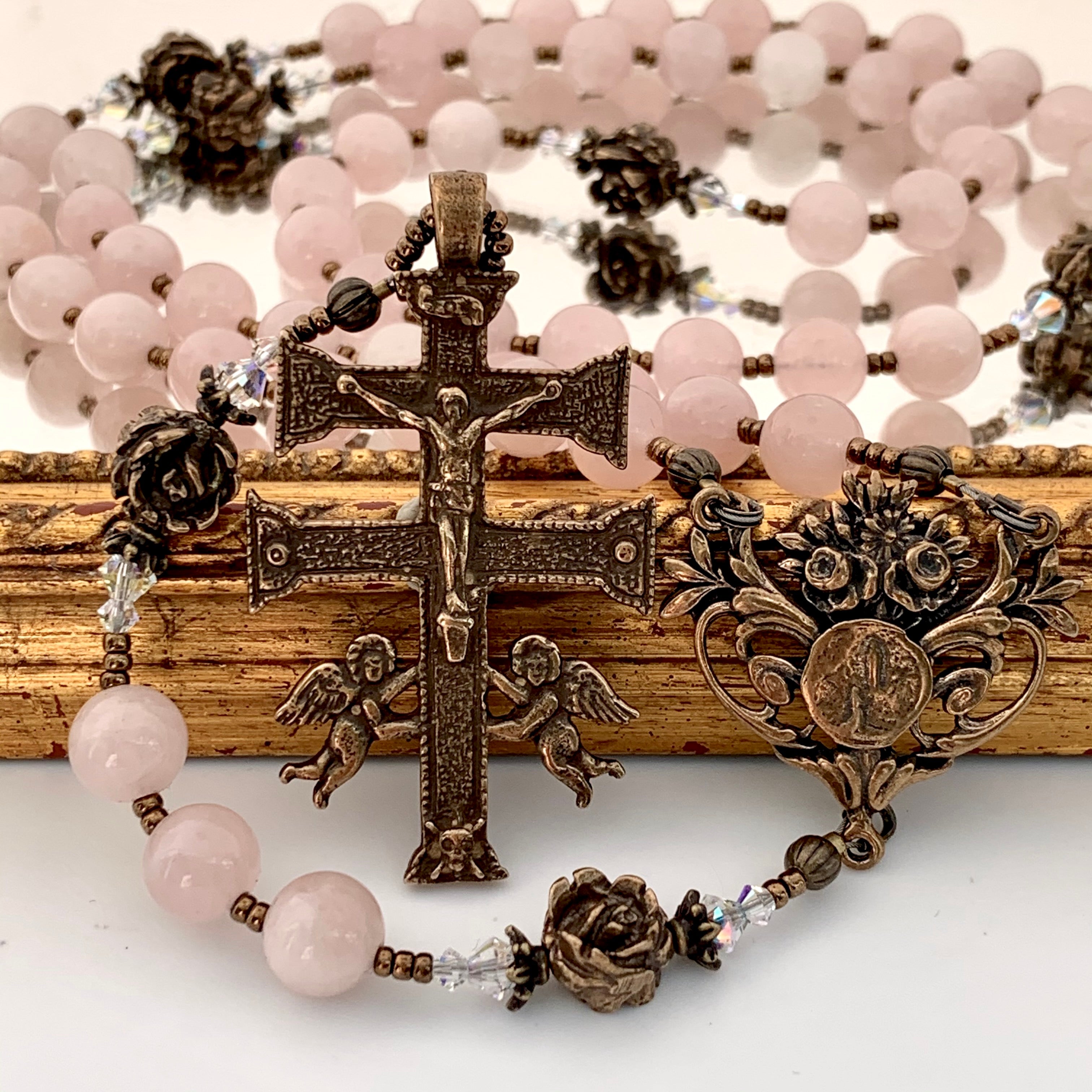 Rosary - Rose Quartz and Bronze Lourdes Center and Caravaca Crucifix