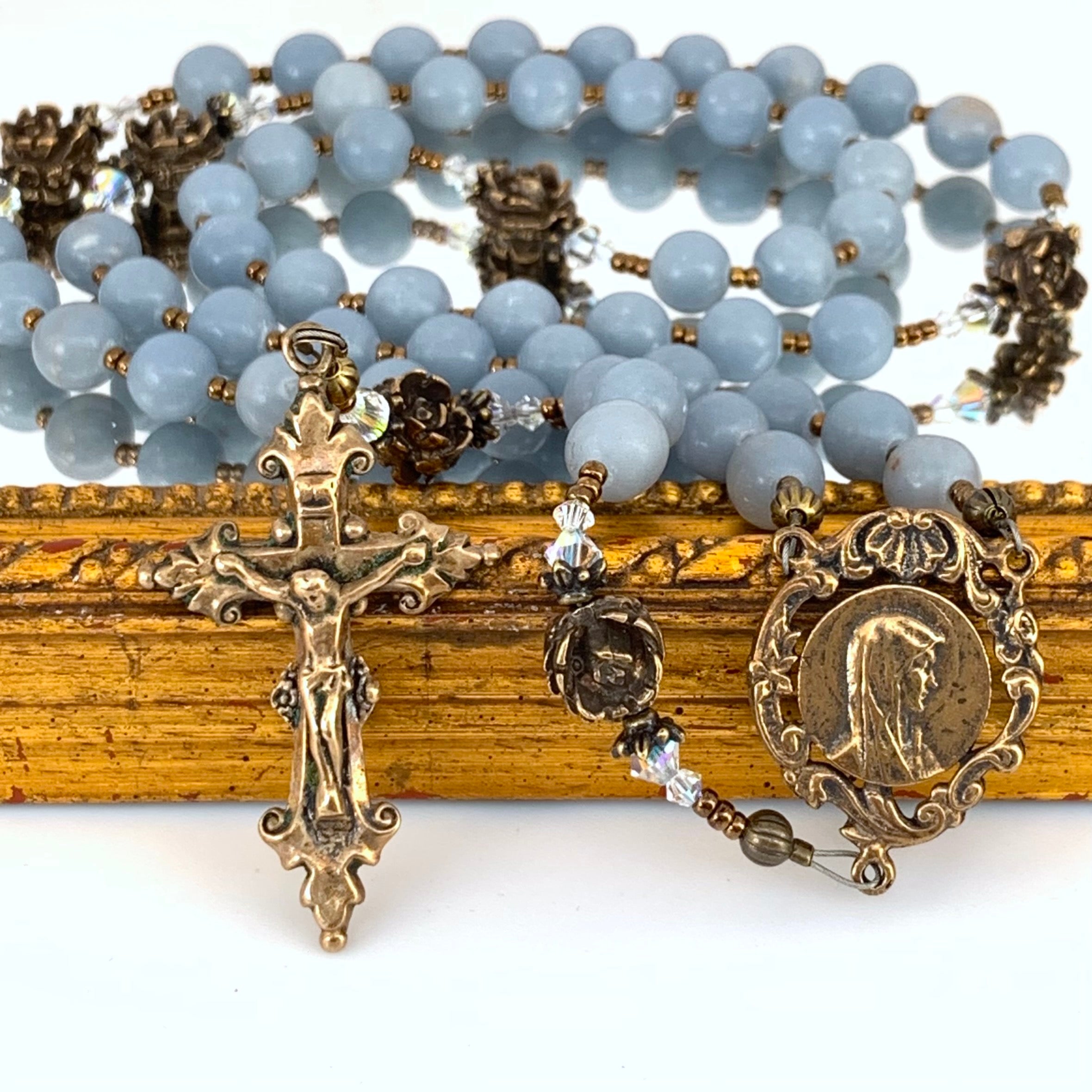 Rosary - Blue Angel Stone and Bronze Our Lady Profile Center and Handsome Little Crucifix
