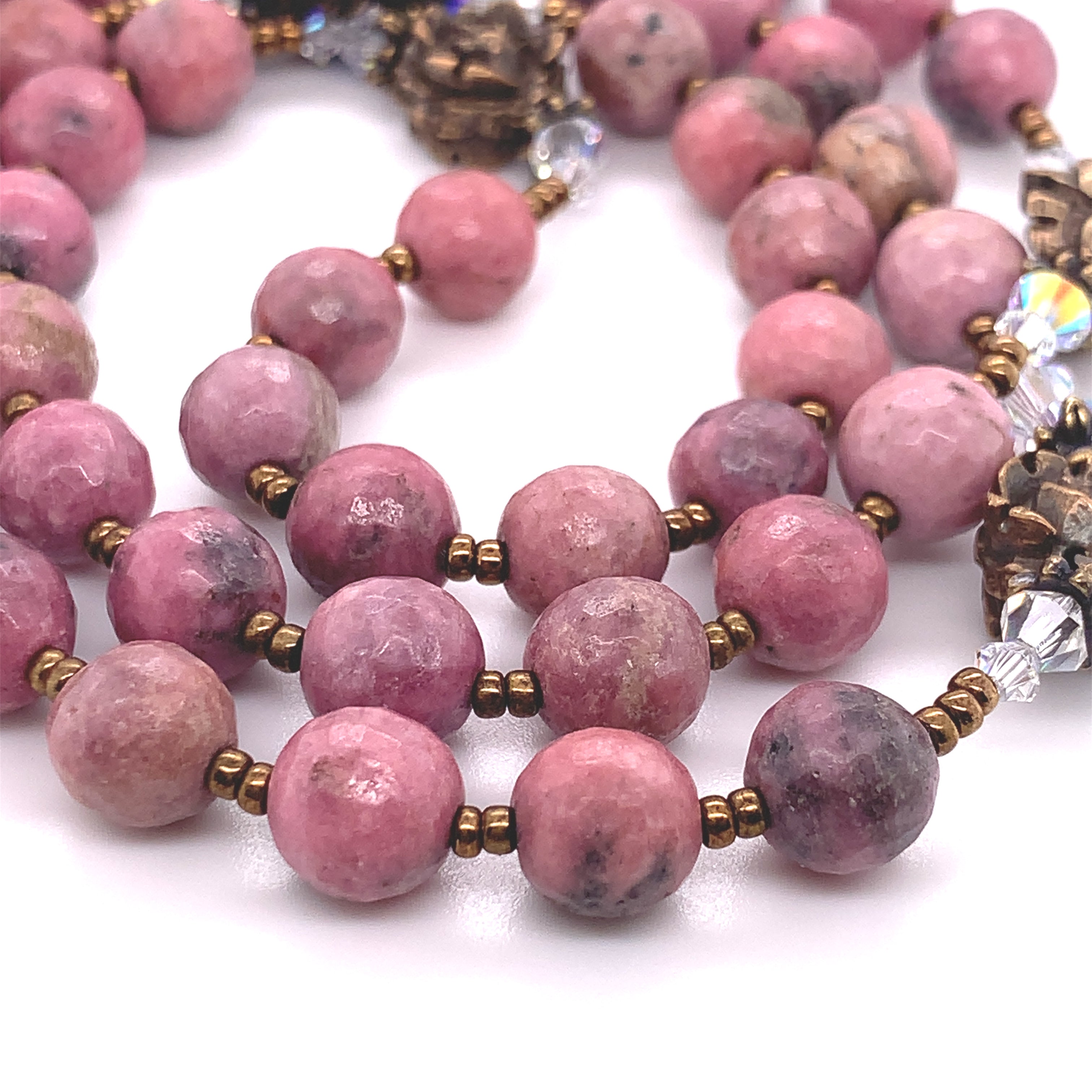 Rosary - Pink Rhodonite and Bronze Lourdes Center and Elaborate Scrolls Crucifix