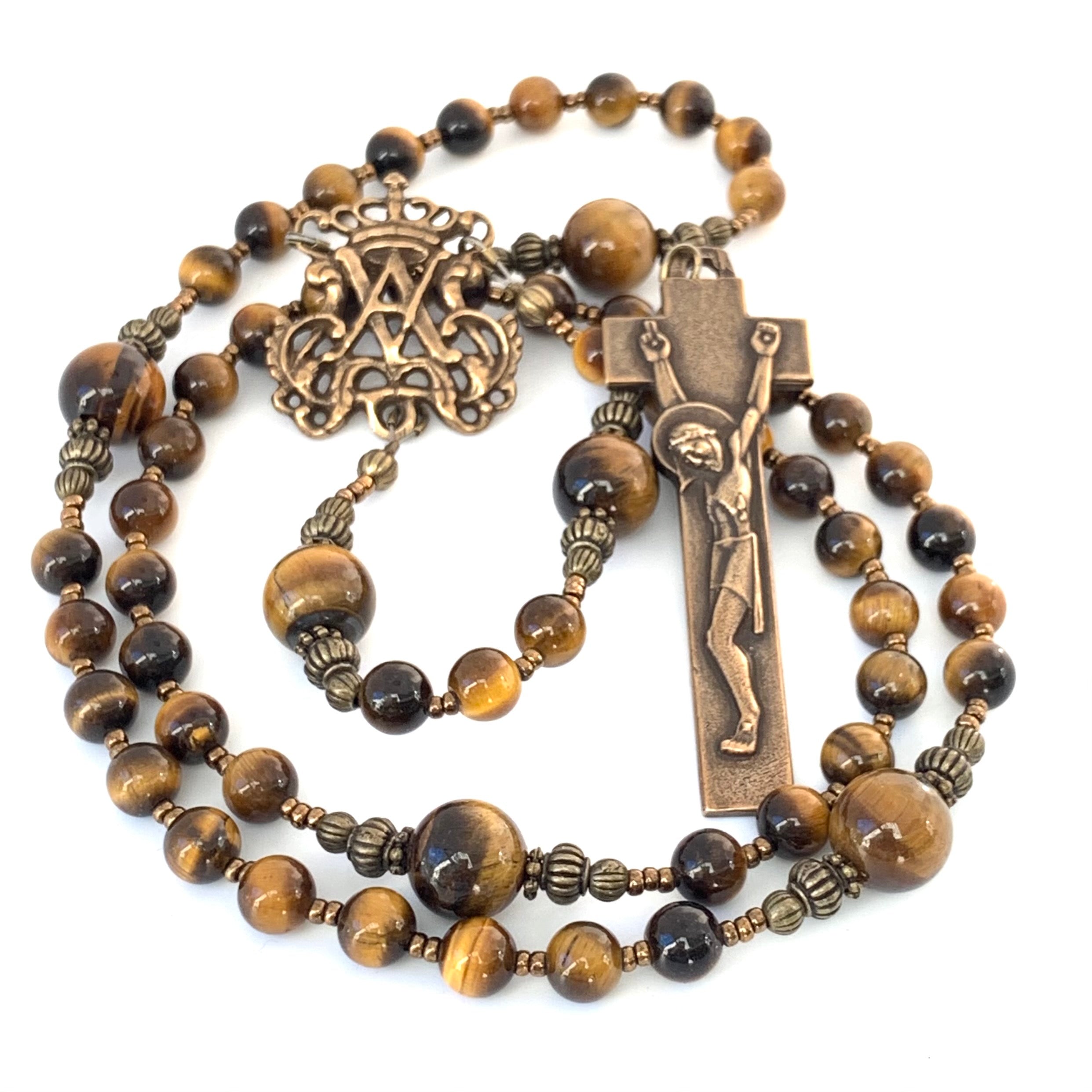 Rosary - Golden Brown Tiger Eye and Bronze Auspice Maria Center and Penal Crucifix
