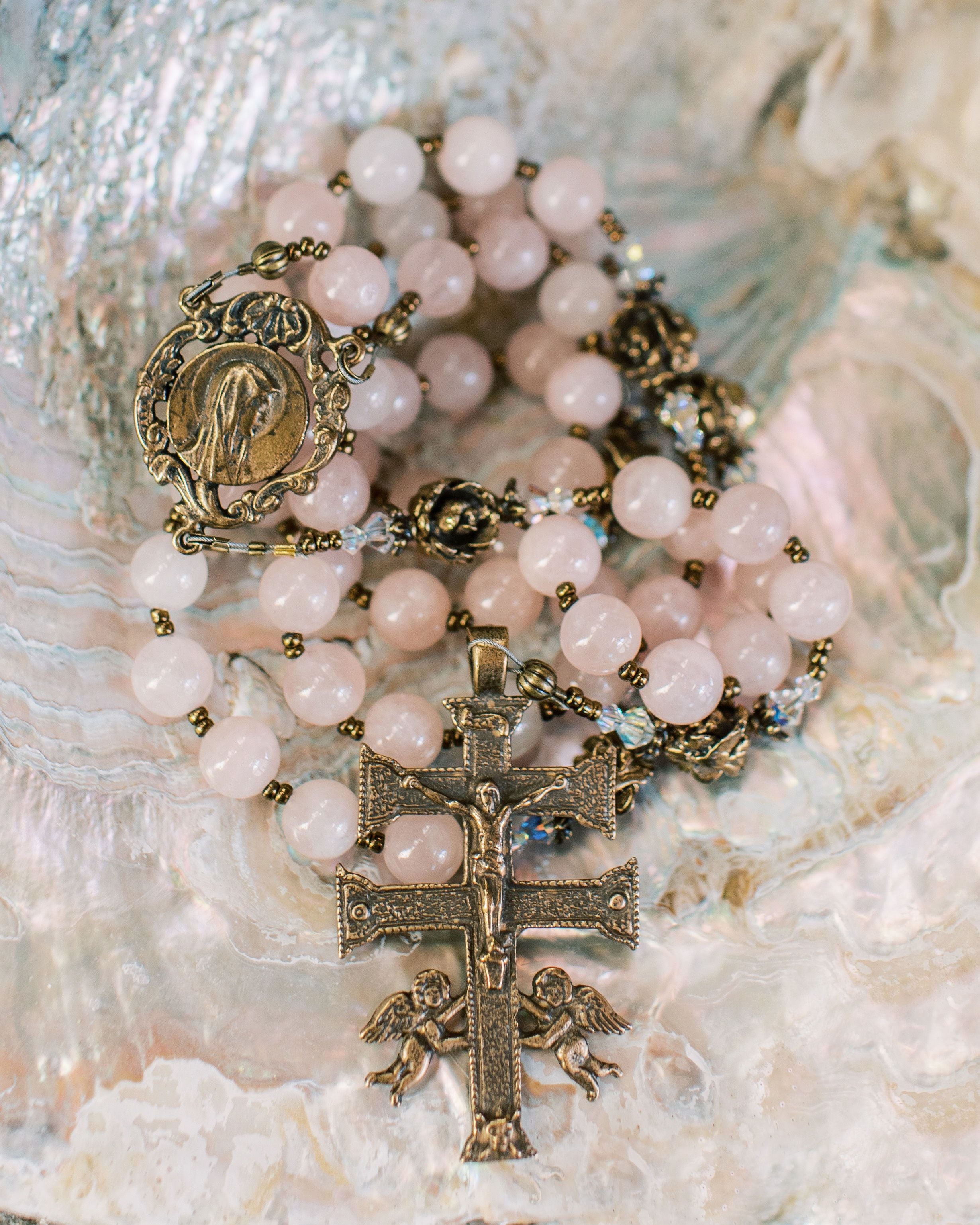 Stunning traditional Rosary with Rose Quartz rosary beads, Bronze Our Lady Profile Center and Caravaca Crucifix