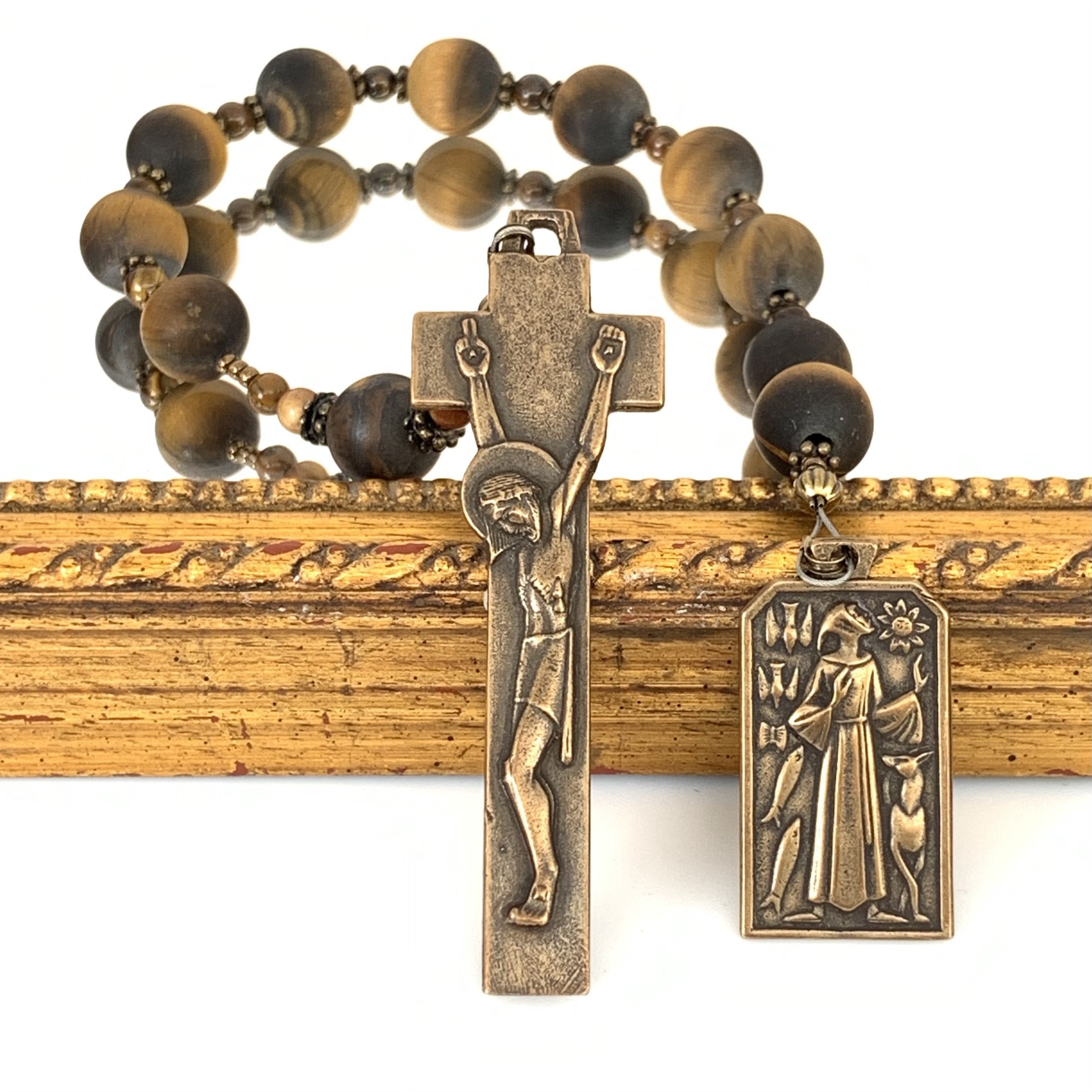 Natural Tiger Eye rosary beads on Single Decade rosary with Bronze St. Francis medal and Penal Crucifix