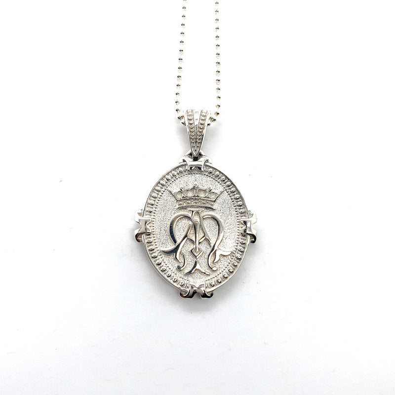 French Auspice Maria and Lourdes Reversible Pendant in Sterling Silver, 23mm