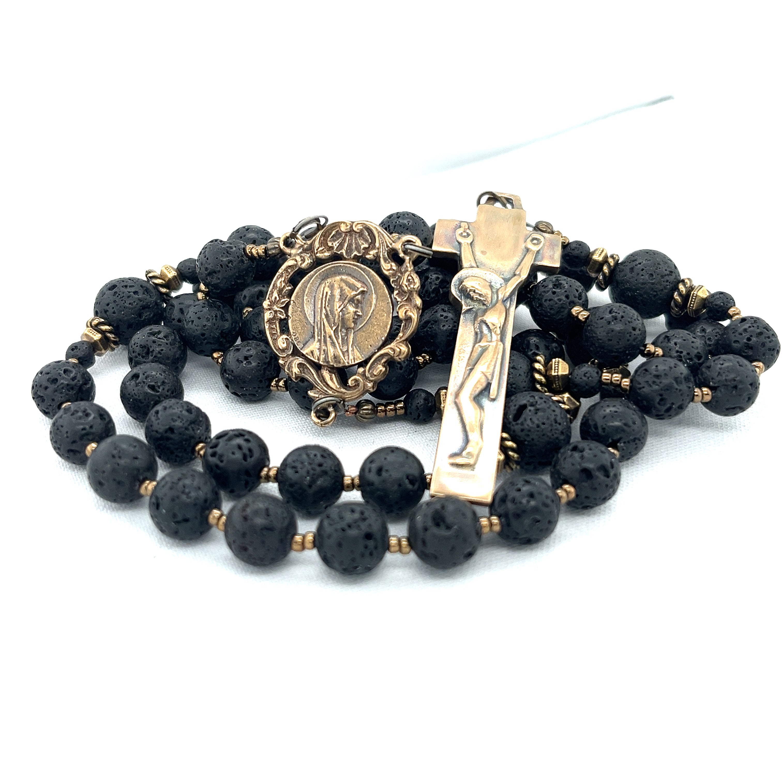 Rosary - Lava Rock and Bronze Our Lady Profile and Penal Crucifix