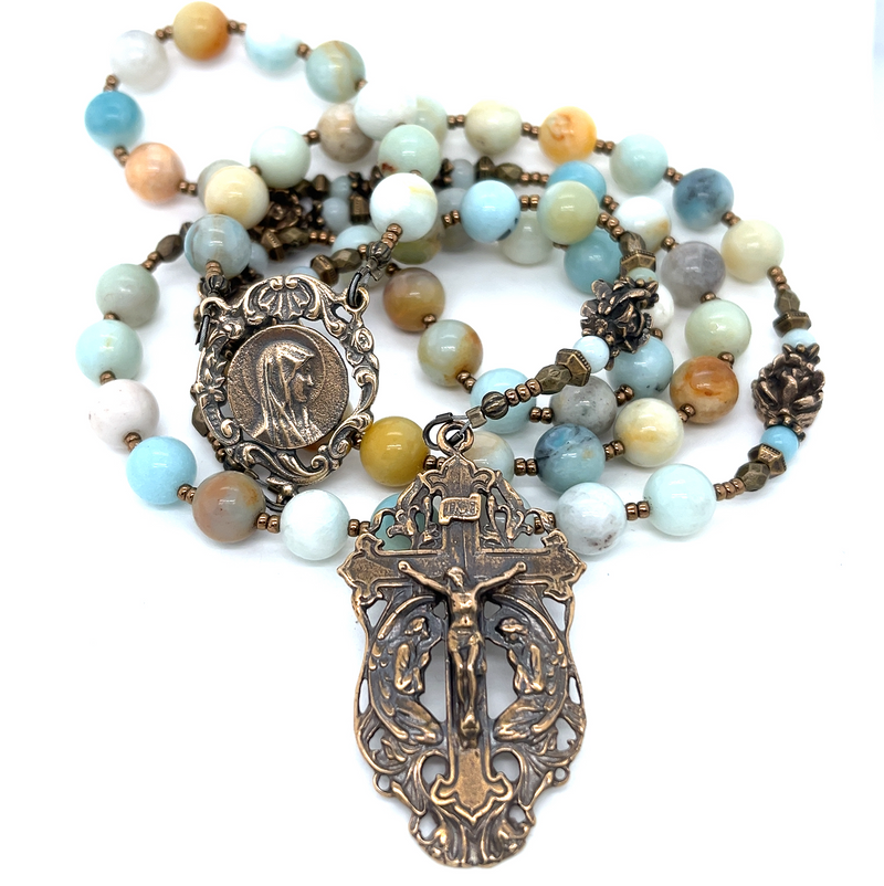 Flower Amazonite and Bronze, Blessed Mother Profile and Angels Kneeling Crucifix