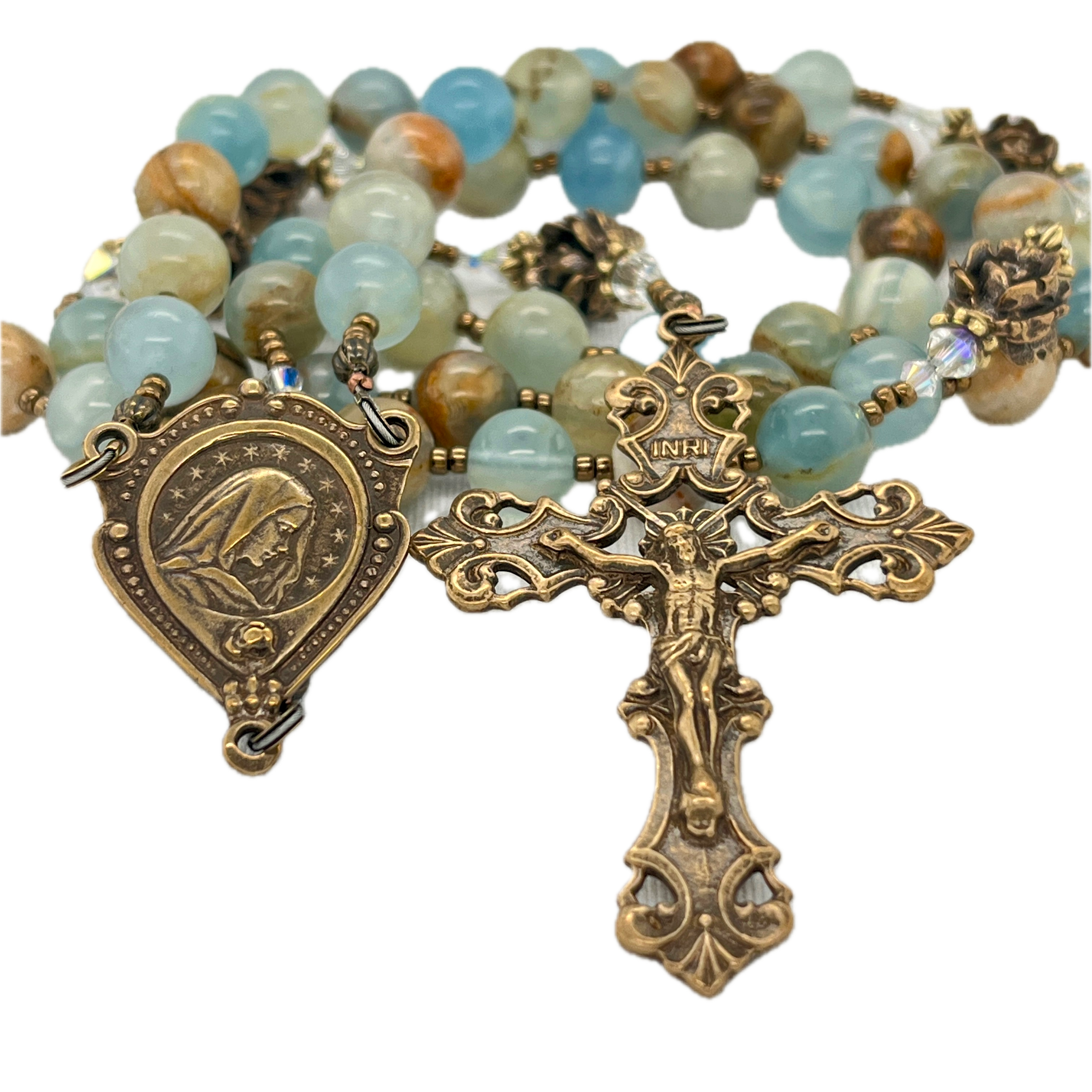 Argentina Blue Aquatine and Bronze Rosary,  Mary Immaculate, Fleur Scrolls Crucifix