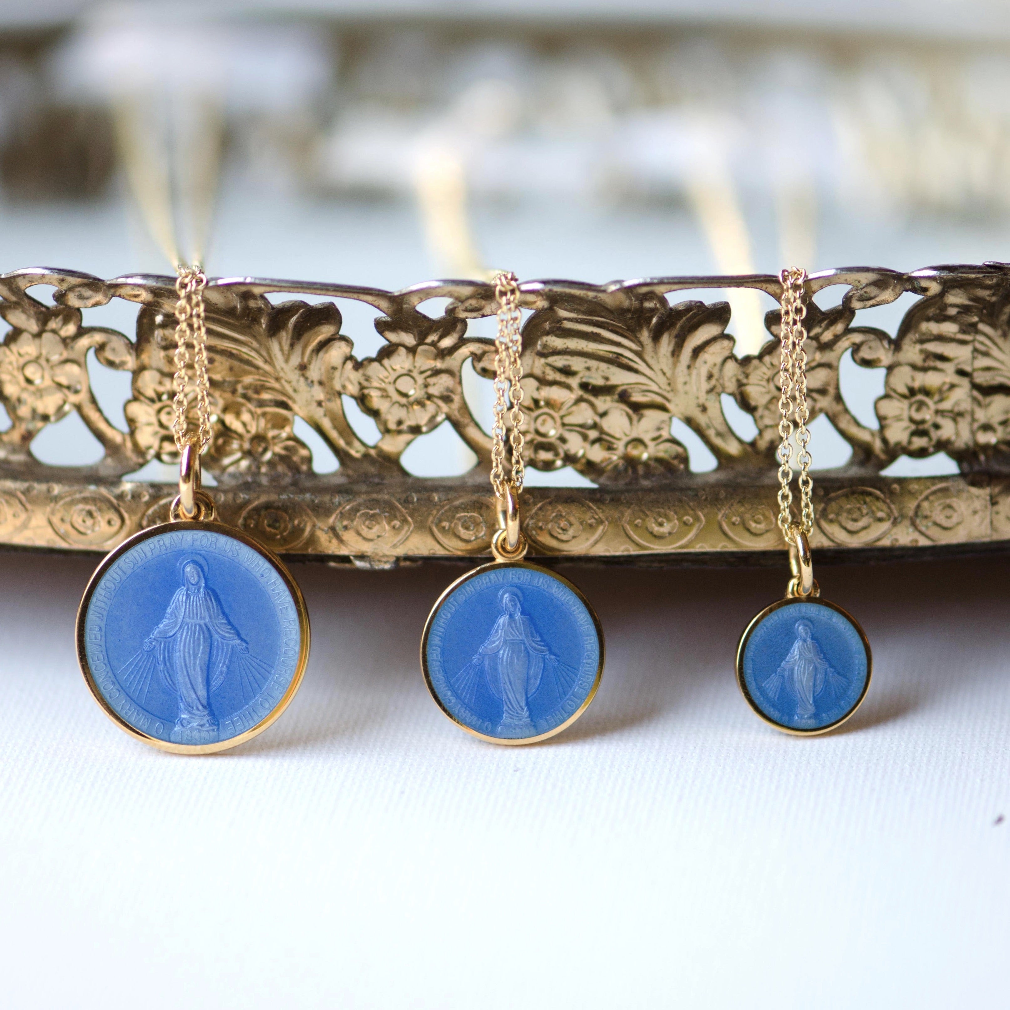 Miraculous Medal Pendant in 14k Gold Vermeil with French Blue Enamel (3 Sizes)