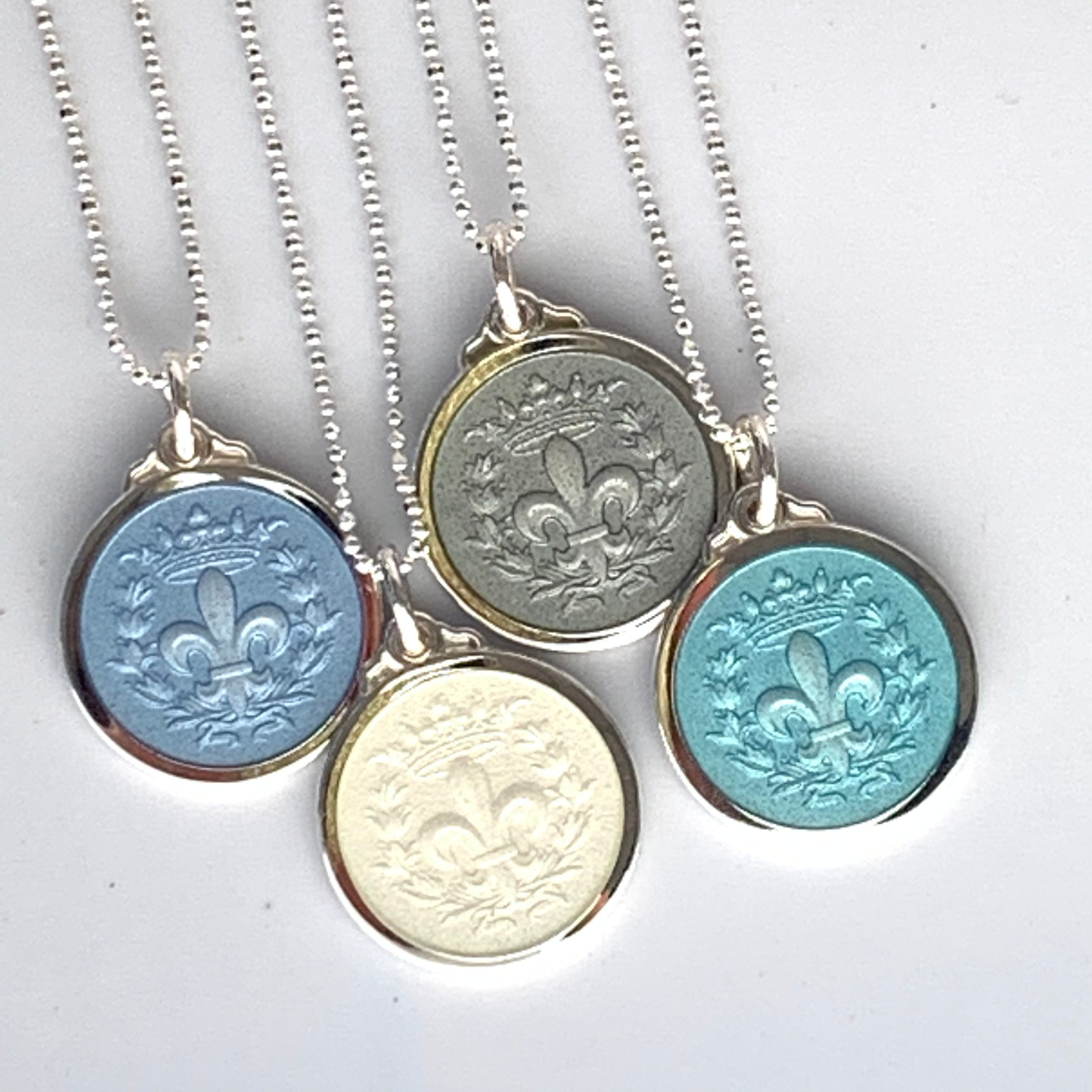 Fleur de Lis Enamel - Light Grey, Sterling Silver, Two sizes