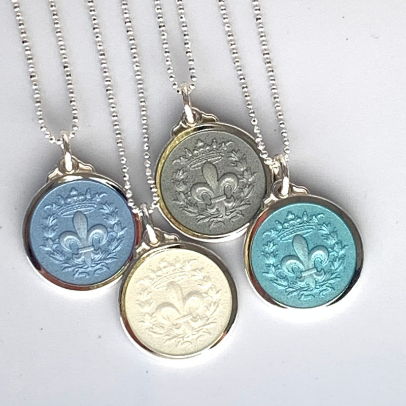 Fleur de Lis Enamel - Light Grey, Sterling Silver, Two sizes