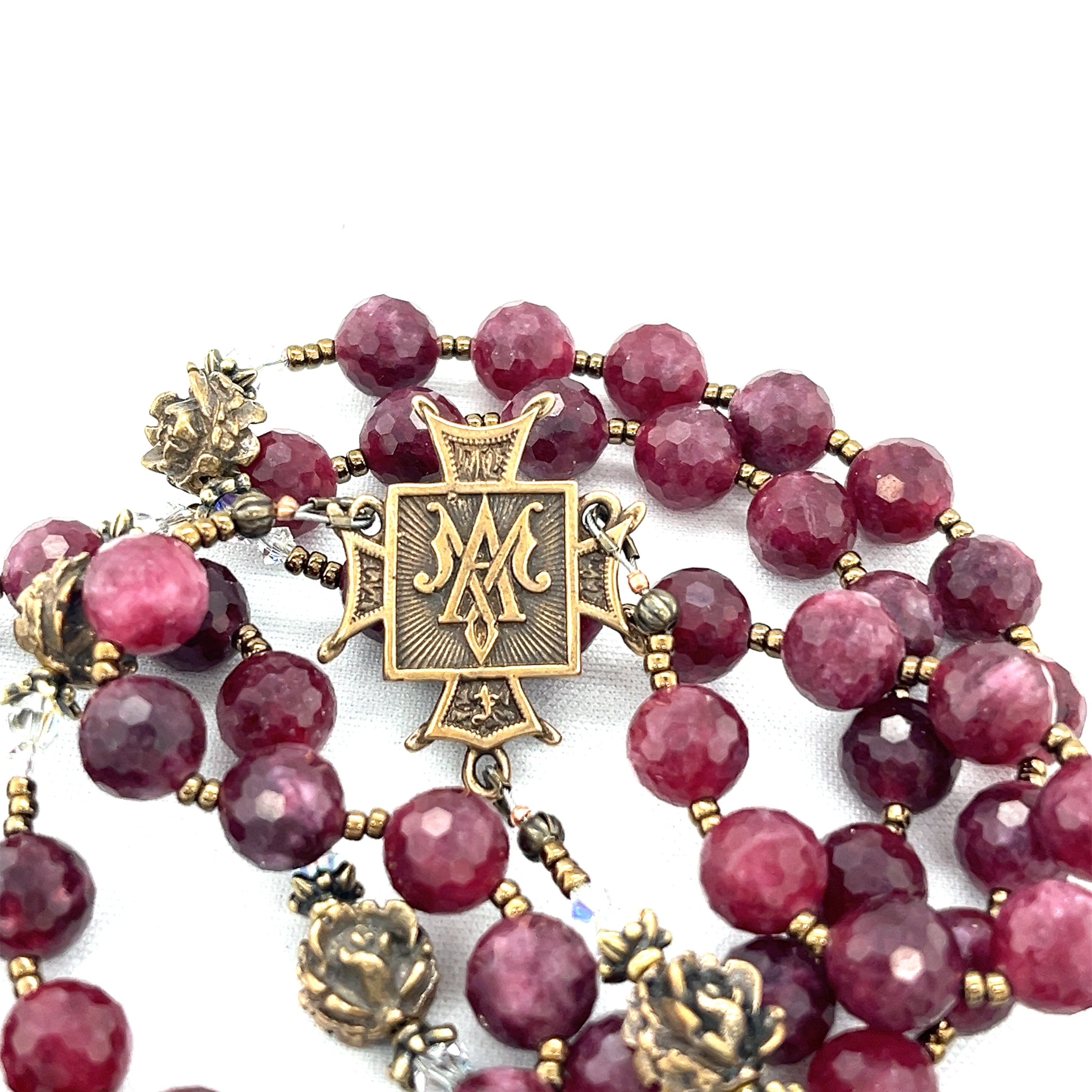 Wine Ruby Quartz and Bronze Rosary, Sacred Heart Center and Scrolls Crucifix