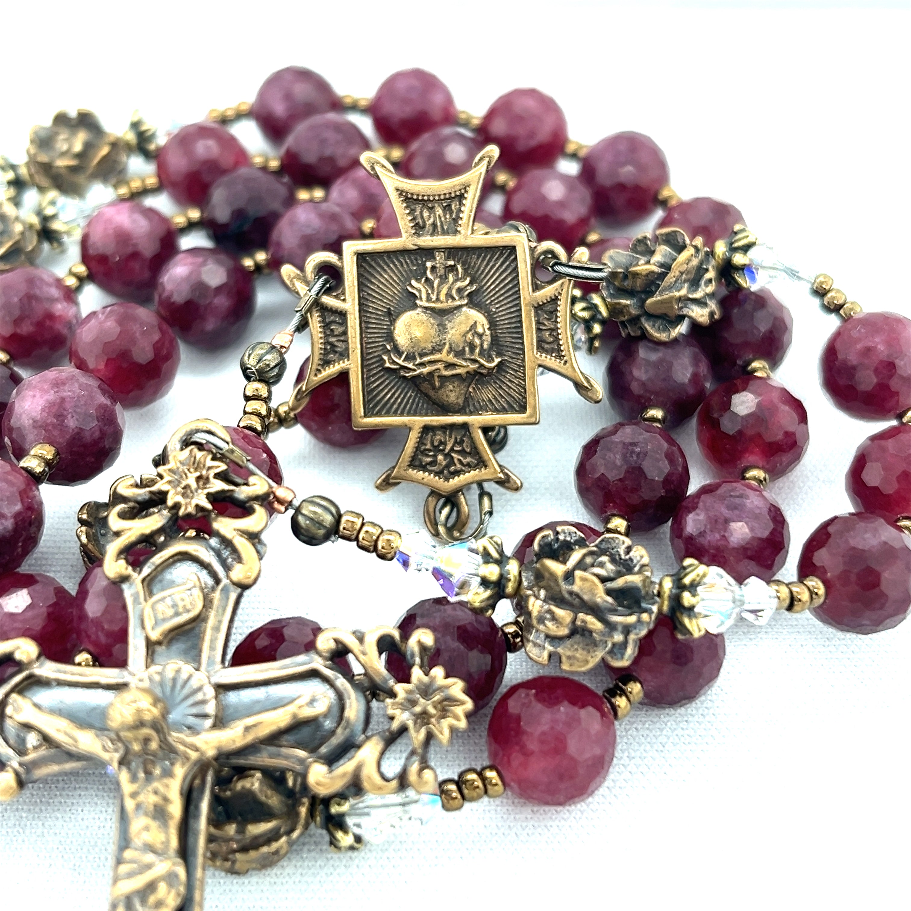 Wine Ruby Quartz and Bronze Rosary, Sacred Heart Center and Scrolls Crucifix