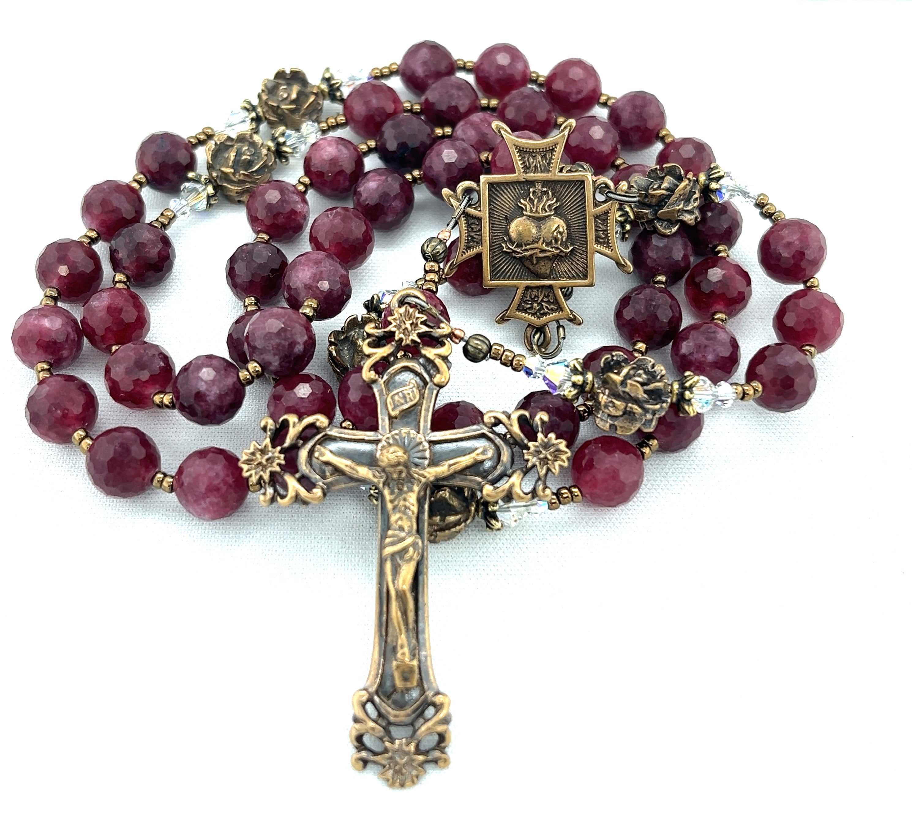 Wine Ruby Quartz and Bronze Rosary, Sacred Heart Center and Scrolls Crucifix
