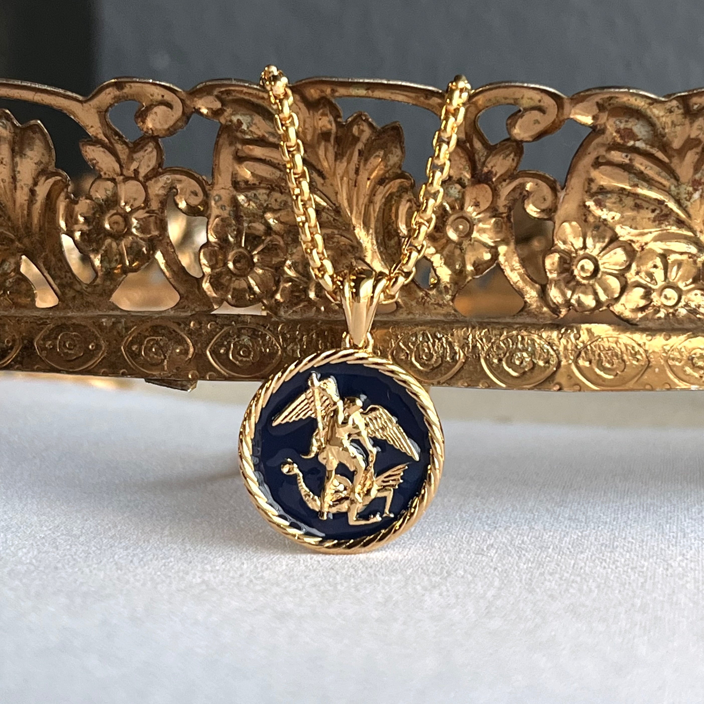 St. Michael the Archangel Pendant with Rope Border in Midnight Blue, 14k Gold Vermeil