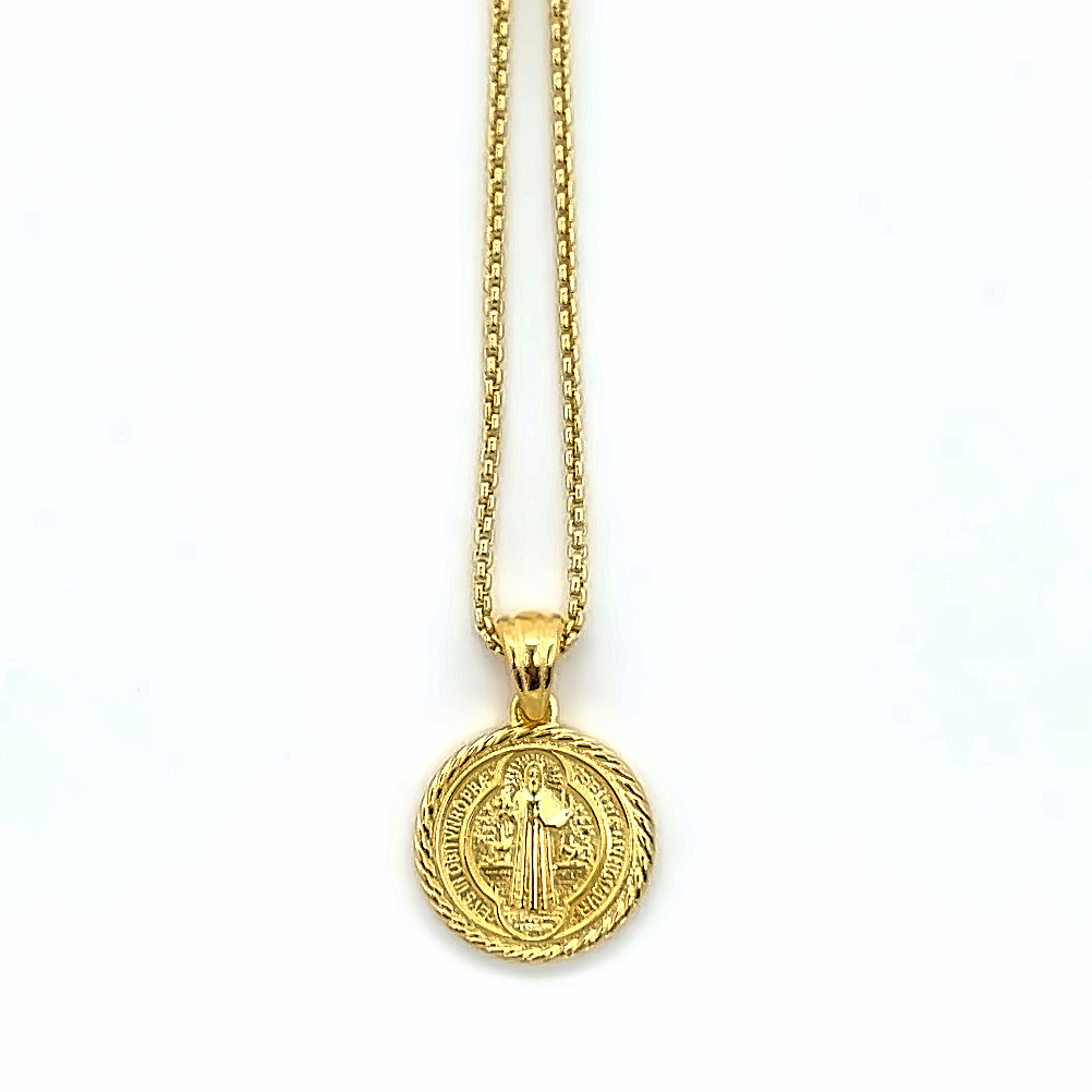 St. Benedict Pendant with Rope Border in 14k Gold Vermeil, 14k Gold, or 18k Gold - Mini 15mmm