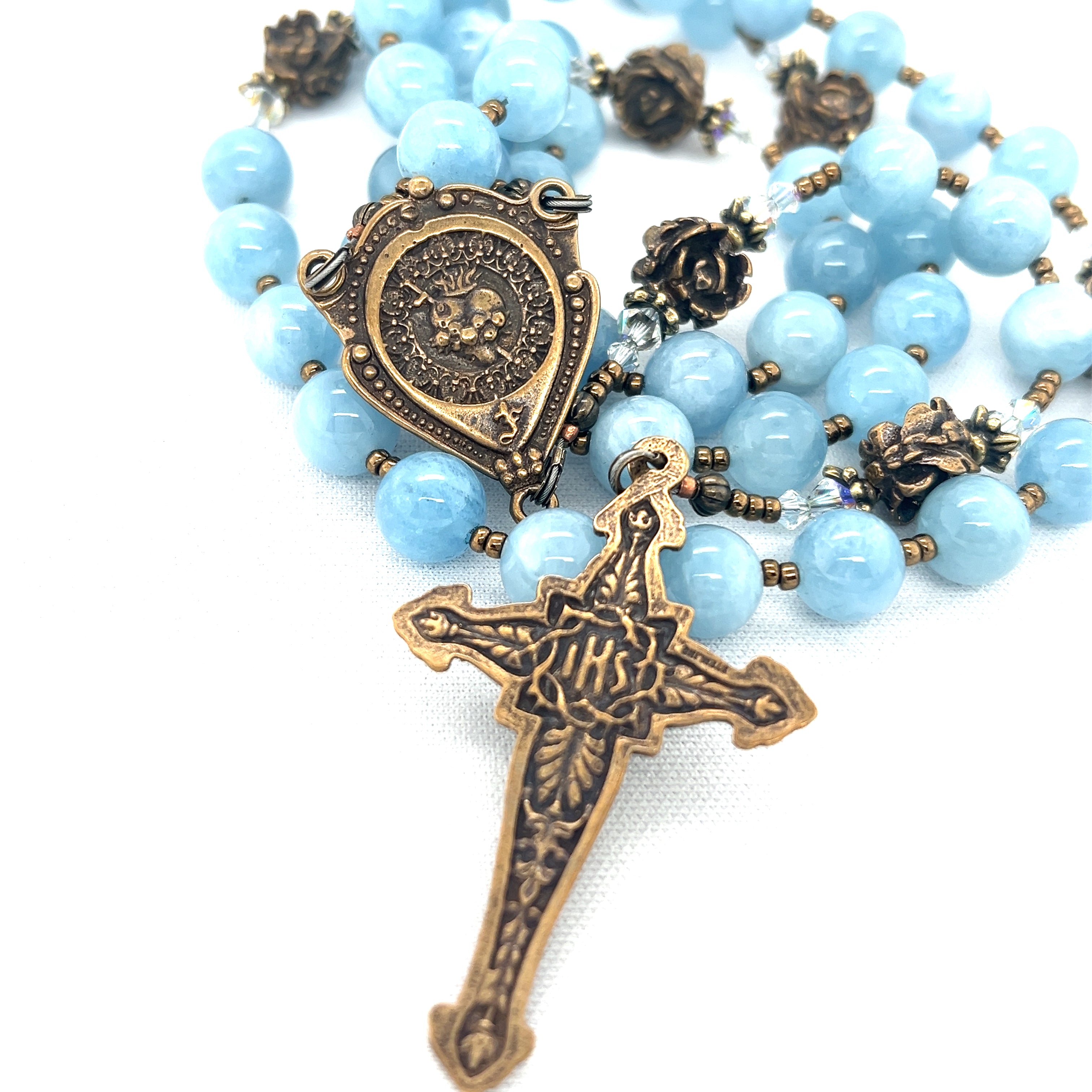 Aquamarine and Bronze Mary Immaculate and IHS Crucifix Rosary