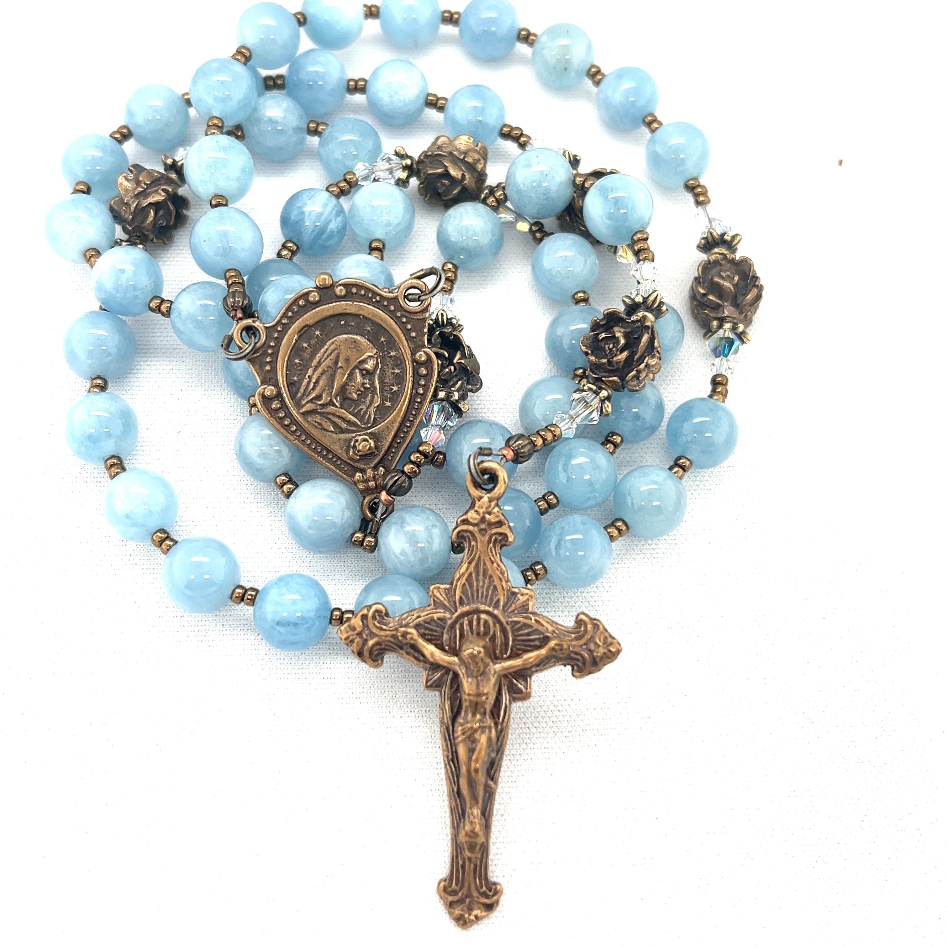 Aquamarine and Bronze Mary Immaculate and IHS Crucifix Rosary